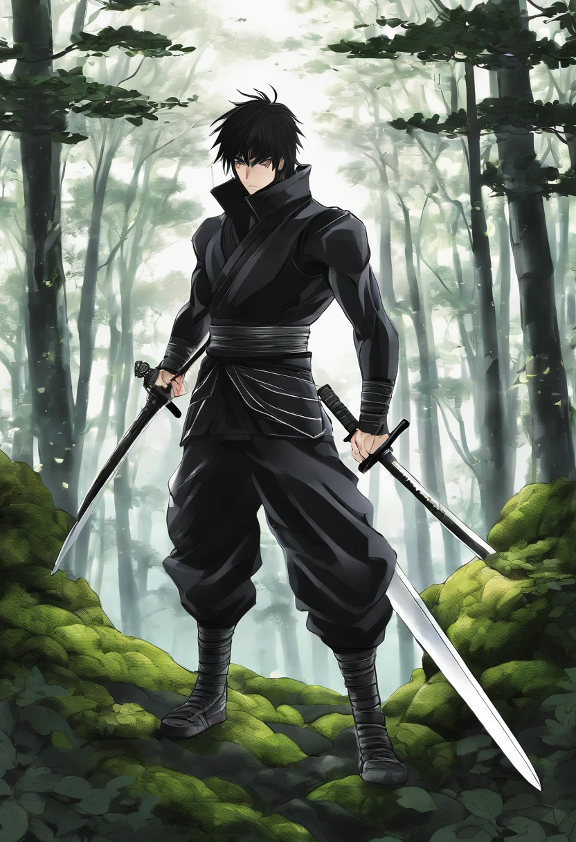 Male character with far black hair black eyes muscular body All black outfit in the forest He's ninja type he doesn't use any kind of sword he's pure punch