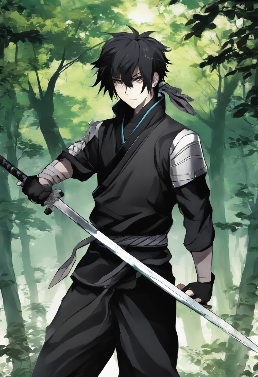 Male character with far black hair black eyes muscular body 14 years old All black outfit in the forest He's ninja type he doesn't use any kind of sword he's pure punch