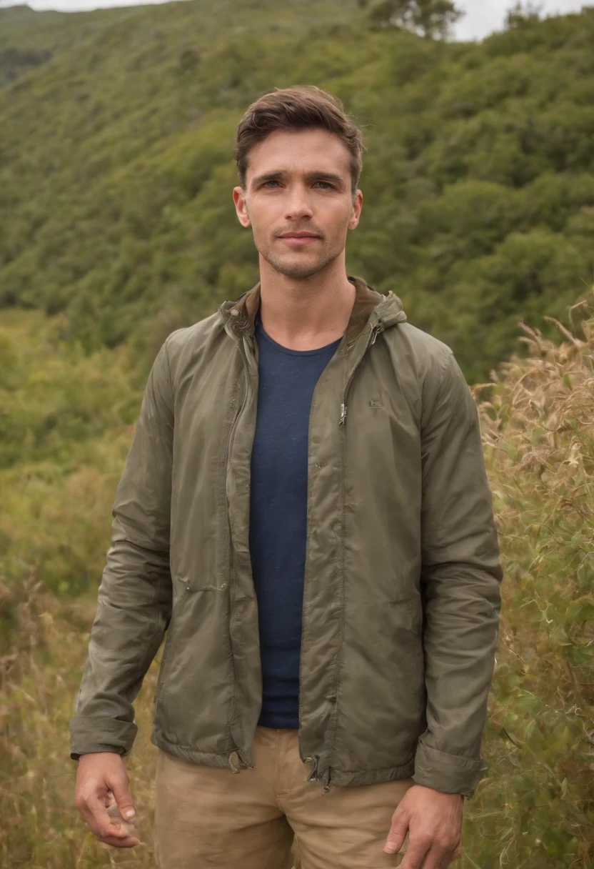 A imagem mostra um homem parado na encosta de uma colina, with arms outstretched, apreciando a bela vista do vale abaixo. He's wearing a camouflage jacket, that adds a touch of color to the scene. O homem parece estar aproveitando o momento para apreciar o ambiente natural, possibly even posing for a photo. A encosta oferece um mirante deslumbrante, permitindo ao homem contemplar a ampla vista do vale e das montanhas ao longe.