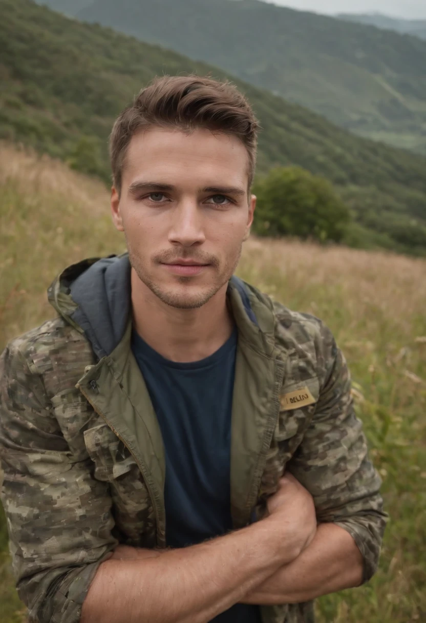 A imagem mostra um homem parado na encosta de uma colina, with arms outstretched, apreciando a bela vista do vale abaixo. He's wearing a camouflage jacket, that adds a touch of color to the scene. O homem parece estar aproveitando o momento para apreciar o ambiente natural, possibly even posing for a photo. A encosta oferece um mirante deslumbrante, permitindo ao homem contemplar a ampla vista do vale e das montanhas ao longe.