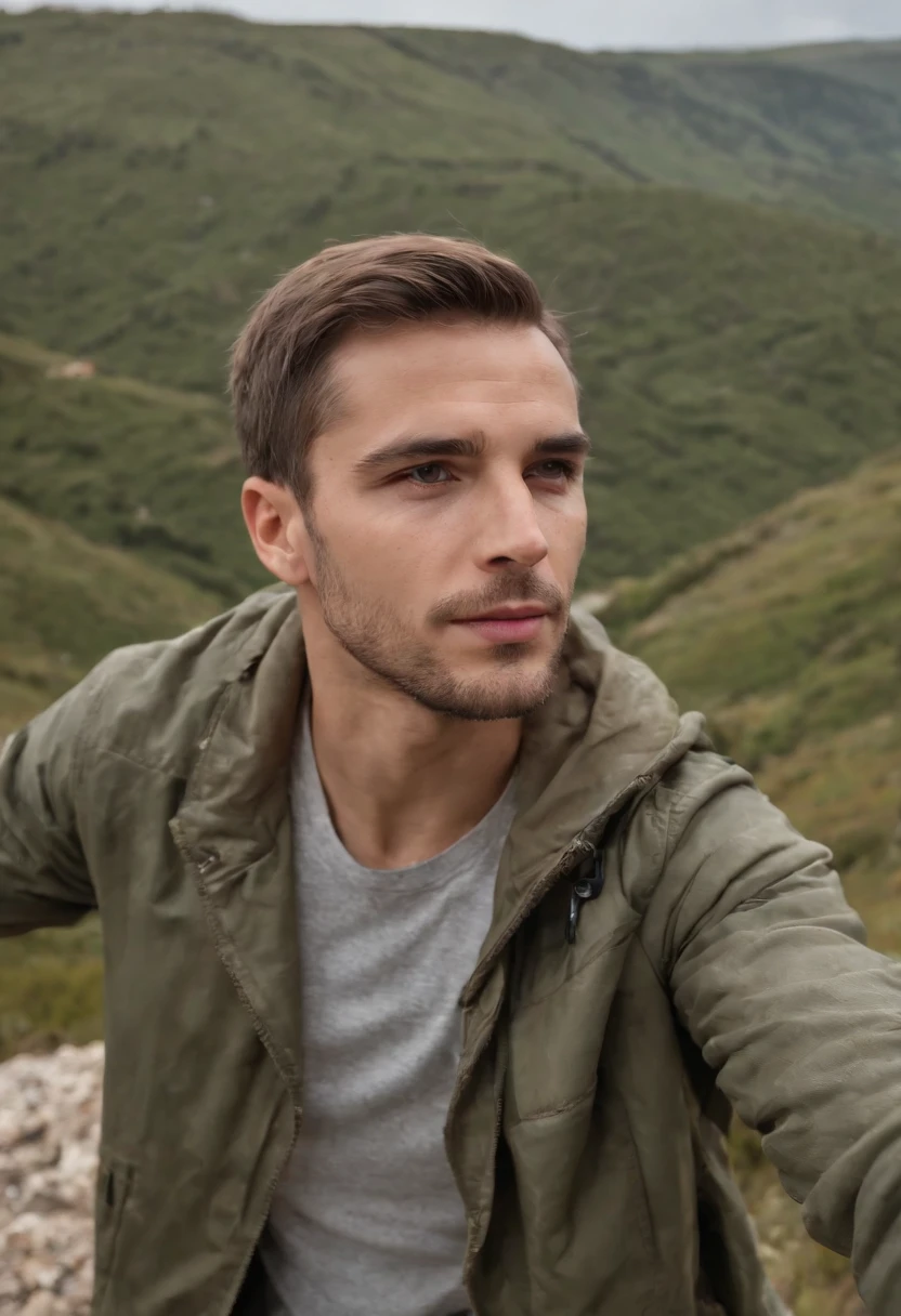 A imagem mostra um homem parado na encosta de uma colina, with arms outstretched, apreciando a bela vista do vale abaixo. He's wearing a camouflage jacket, that adds a touch of color to the scene. O homem parece estar aproveitando o momento para apreciar o ambiente natural, possibly even posing for a photo. A encosta oferece um mirante deslumbrante, permitindo ao homem contemplar a ampla vista do vale e das montanhas ao longe.
