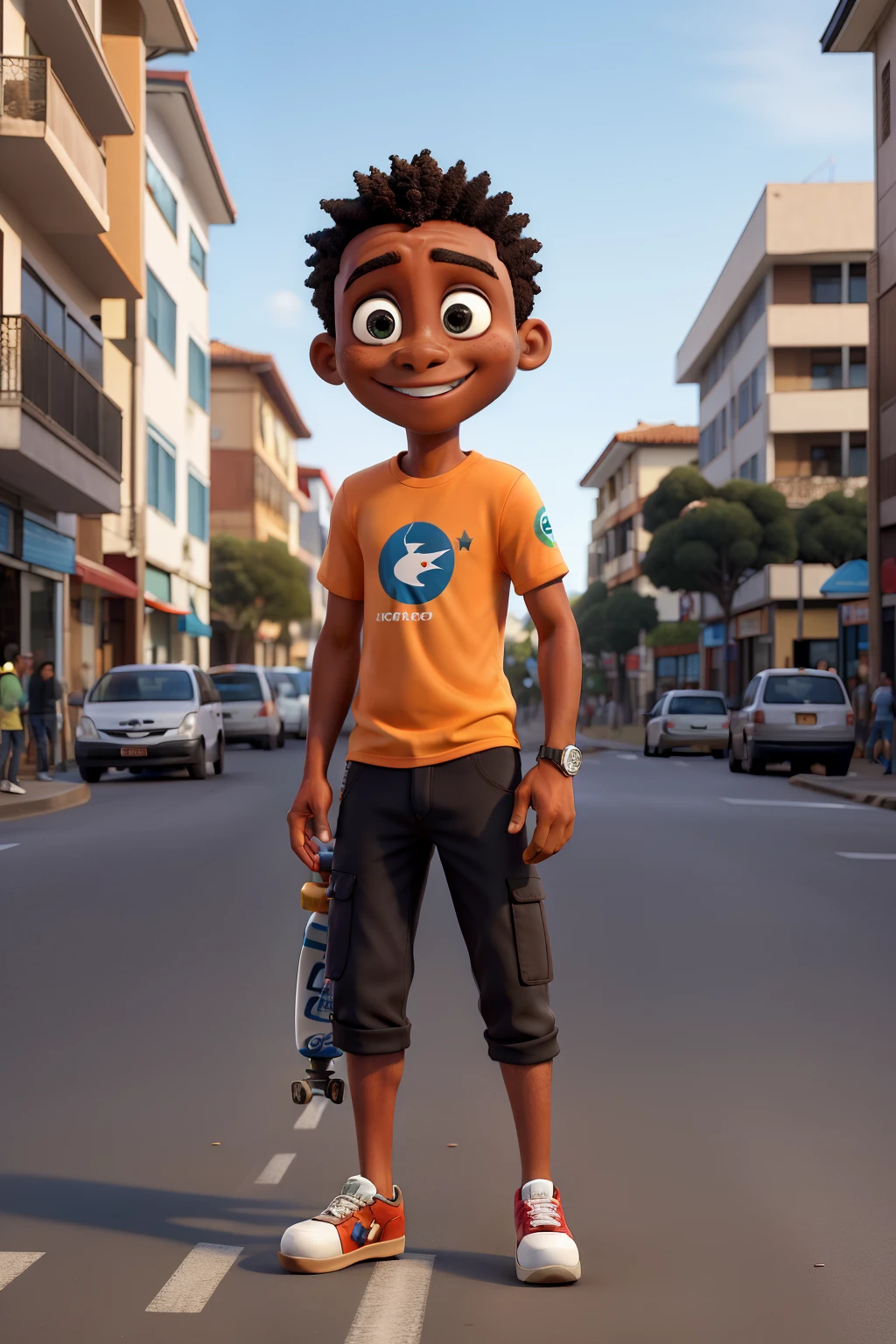 Skatista, pele branca, cabelo cortado,olhos castanhos claros , sorridente, na rua, With skateboard in hand.