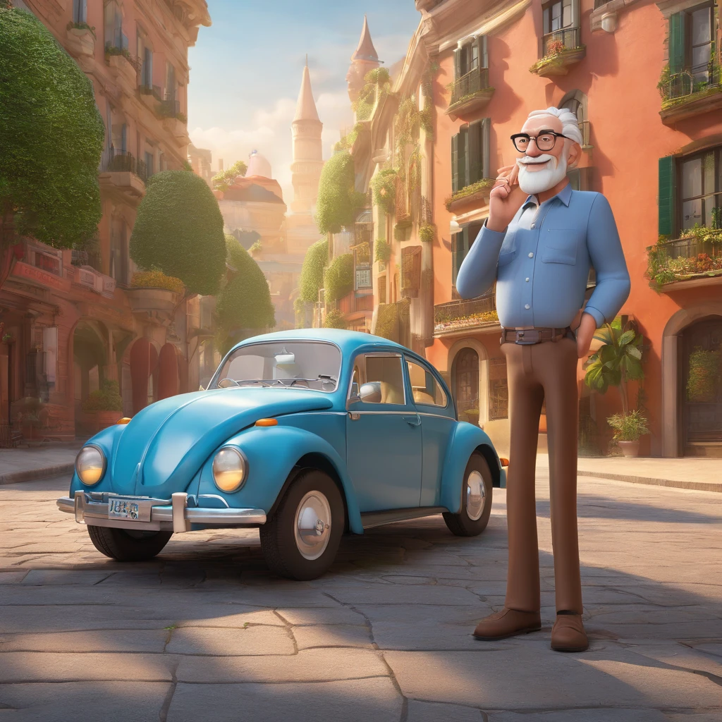 Generate a Disney Pixar style image of an elderly man, bald, square glasses, white beard, dressed in jeans and a rolling stones t-shirt next to a Volkswagen Beetle with the image of a city in the background