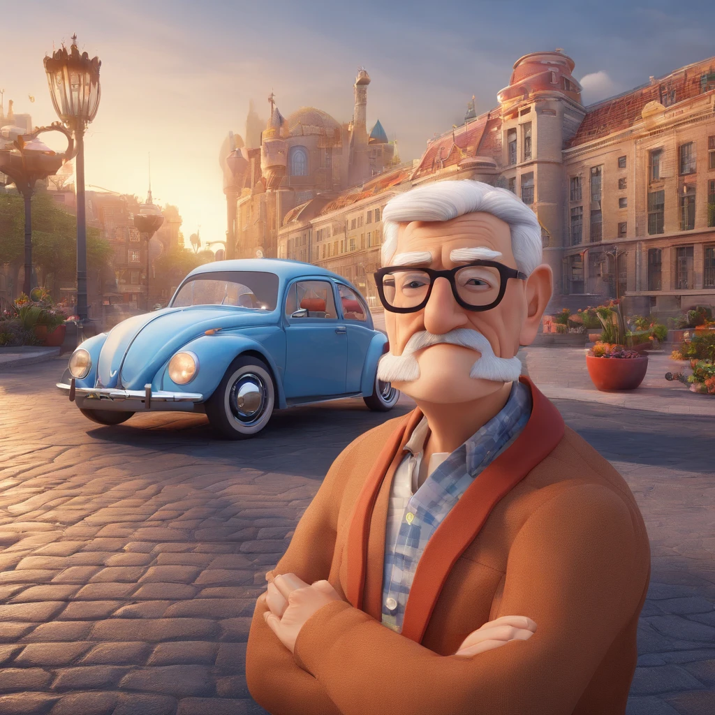 Generate a Disney Pixar style image of an elderly man, bald, square glasses, white beard, dressed in jeans and a rolling stones t-shirt next to a Volkswagen Beetle with the image of a city in the background