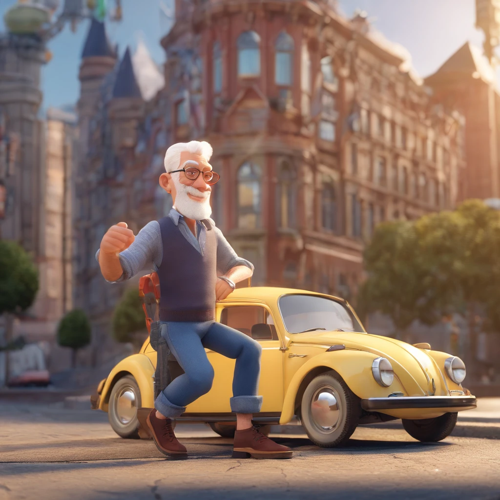 Generate a Disney Pixar style image of an elderly man, bald, square glasses, white beard, dressed in jeans and a rolling stones t-shirt next to a Volkswagen Beetle with the image of a city in the background
