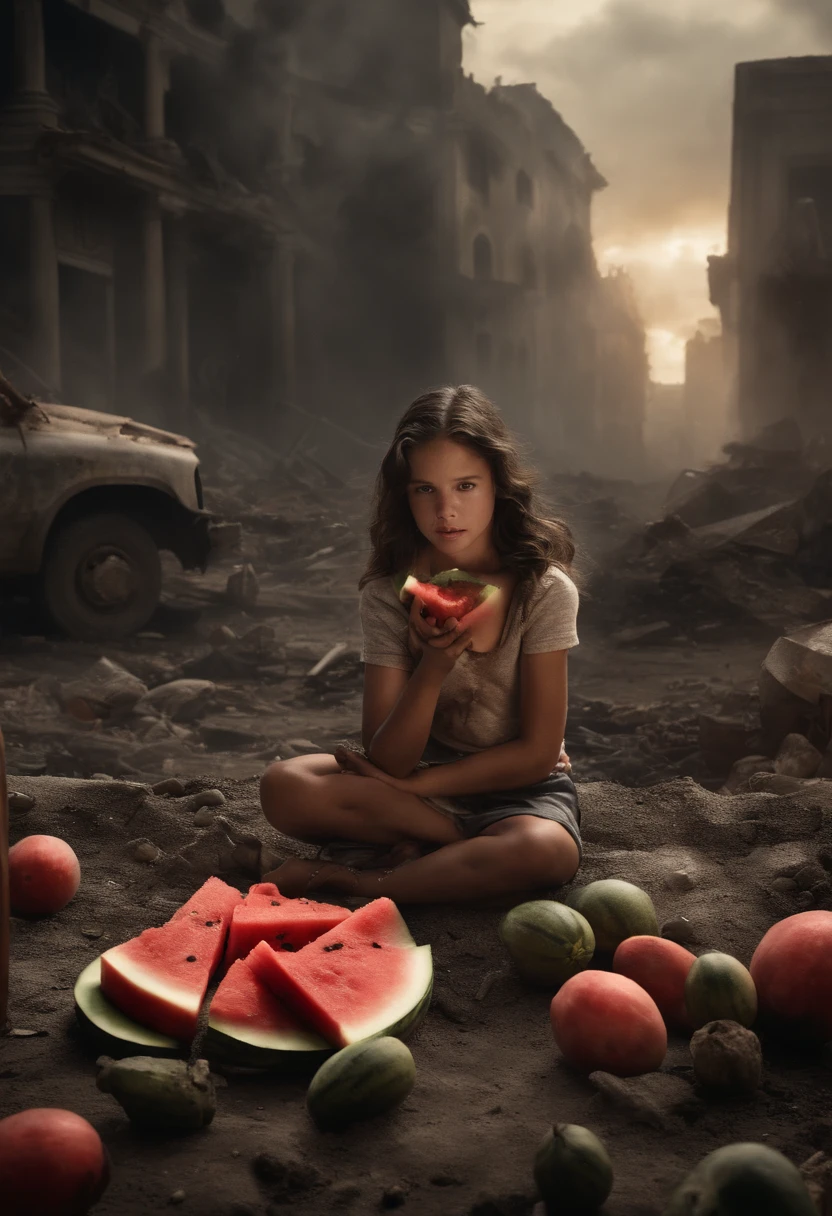 A very realistic depiction of Dol Gadot's Wonder Woman with girl eating watermelon, ((dry teardrops)),((background of destroyed city, fire, ((human corpses on the ground)), several people crying, destroyed buildings) ), holding a watermelon, (((he eats the watermelon ))), very detailed, dynamic colors, black and gray colors, super emotional picture, with a very dark background and surrounded by swirling dark smoke. The image should be in a beautiful 16:9 format.”
