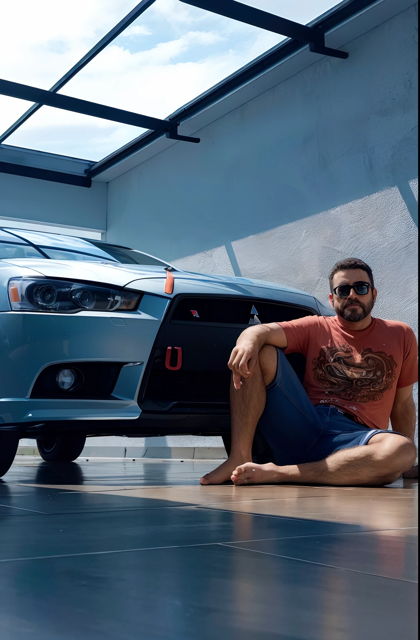 There's a man sitting on the ground next to a Mitsubishi lancer evolution car in front of a garage, taken with sony a7r camera, com octanagem, Tomado com Sony Alpha 9, foto de perfil 1024px, photo taken with Sony a7R camera, forced perspective, Edon Guraziu, desktop background, carro esportivo no quarto, Postagem no Reddit