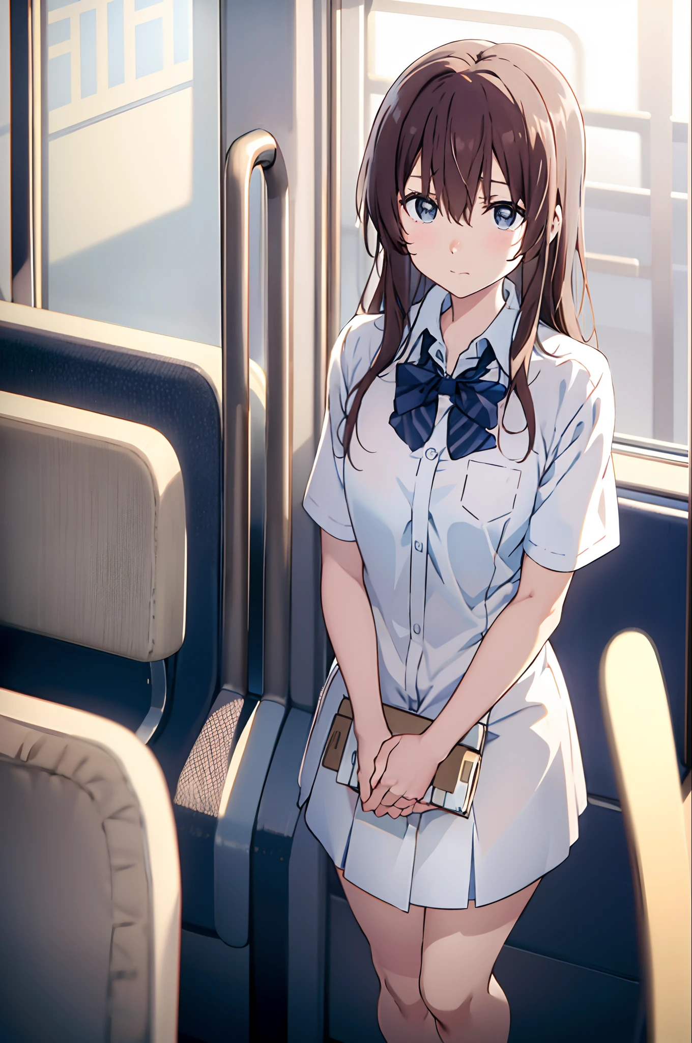 koe no katachi, shirt, 1girl, collared shirt, long hair, train interior, white shirt, bow, brown hair, short sleeves, letterboxed, bangs, solo, closed mouth, facing viewer, blurry, school uniform, blue bow, dress shirt, upper body, depth of field, hair between eyes, blurry background, bowtie, ground vehicle, indoors, ((masterpiece))