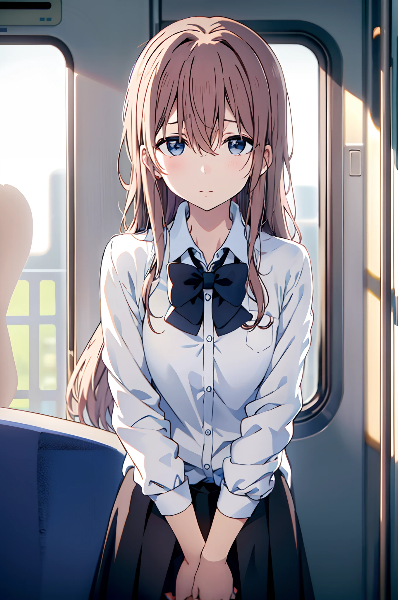 koe no katachi, shirt, 1girl, collared shirt, long hair, train interior, white shirt, bow, brown hair, short sleeves, letterboxed, bangs, solo, closed mouth, facing viewer, blurry, school uniform, blue bow, dress shirt, upper body, depth of field, hair between eyes, blurry background, bowtie, ground vehicle, indoors, ((masterpiece))