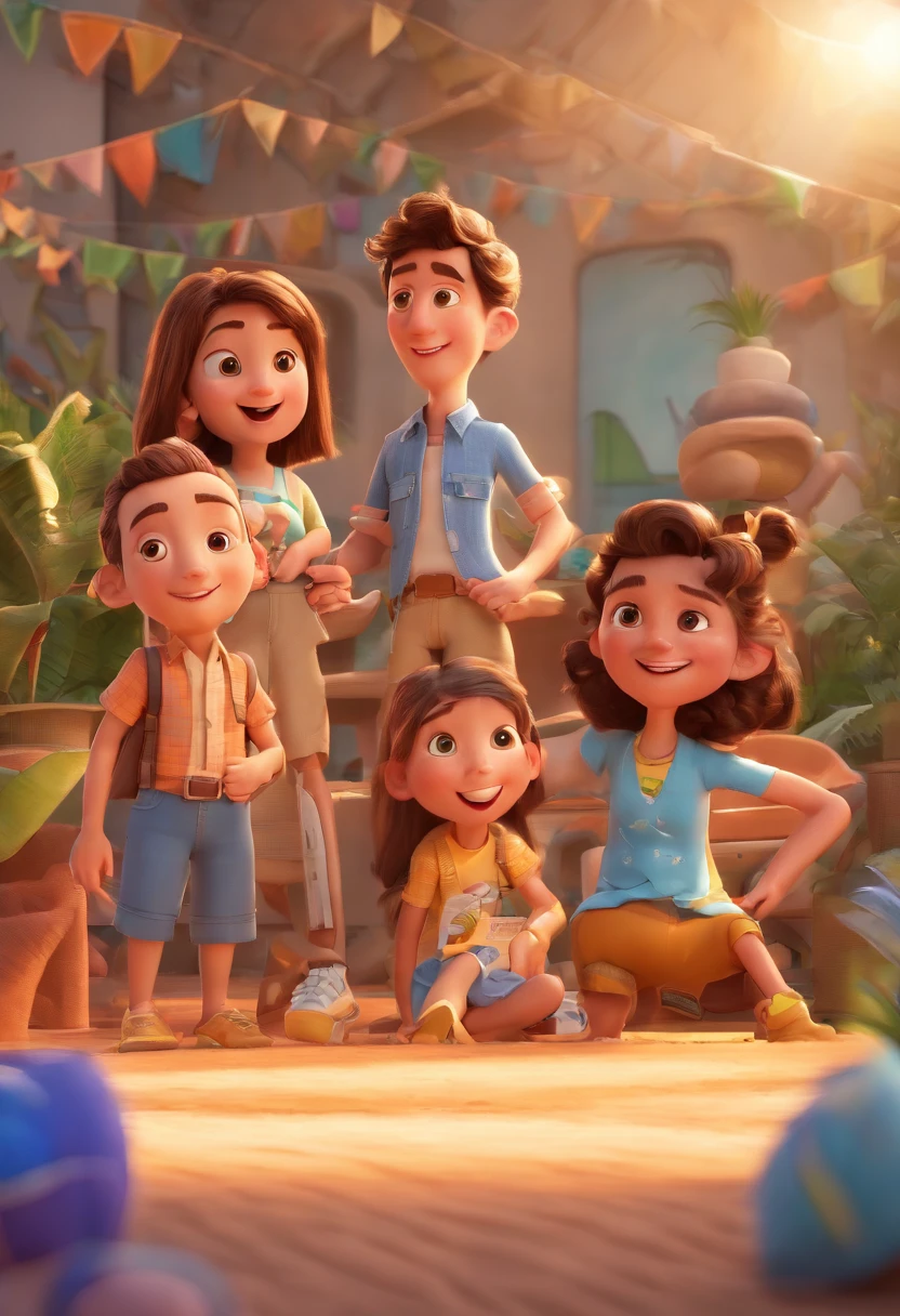 Cartoon of friends having fun on vacation together,  3D Animation Movie Poster, Poster de filme animado, pixar 3 d animation style, pixar renderman rendering, maia 8 mil, animated film, Disney Pixar Estilo 3D, amigos felizes saem juntos, all wearing light blue shirts and cream brown long pants, camisa azul clara, cream brown pants, ao ar livre, vacation, Disney Pixar Animation Poster