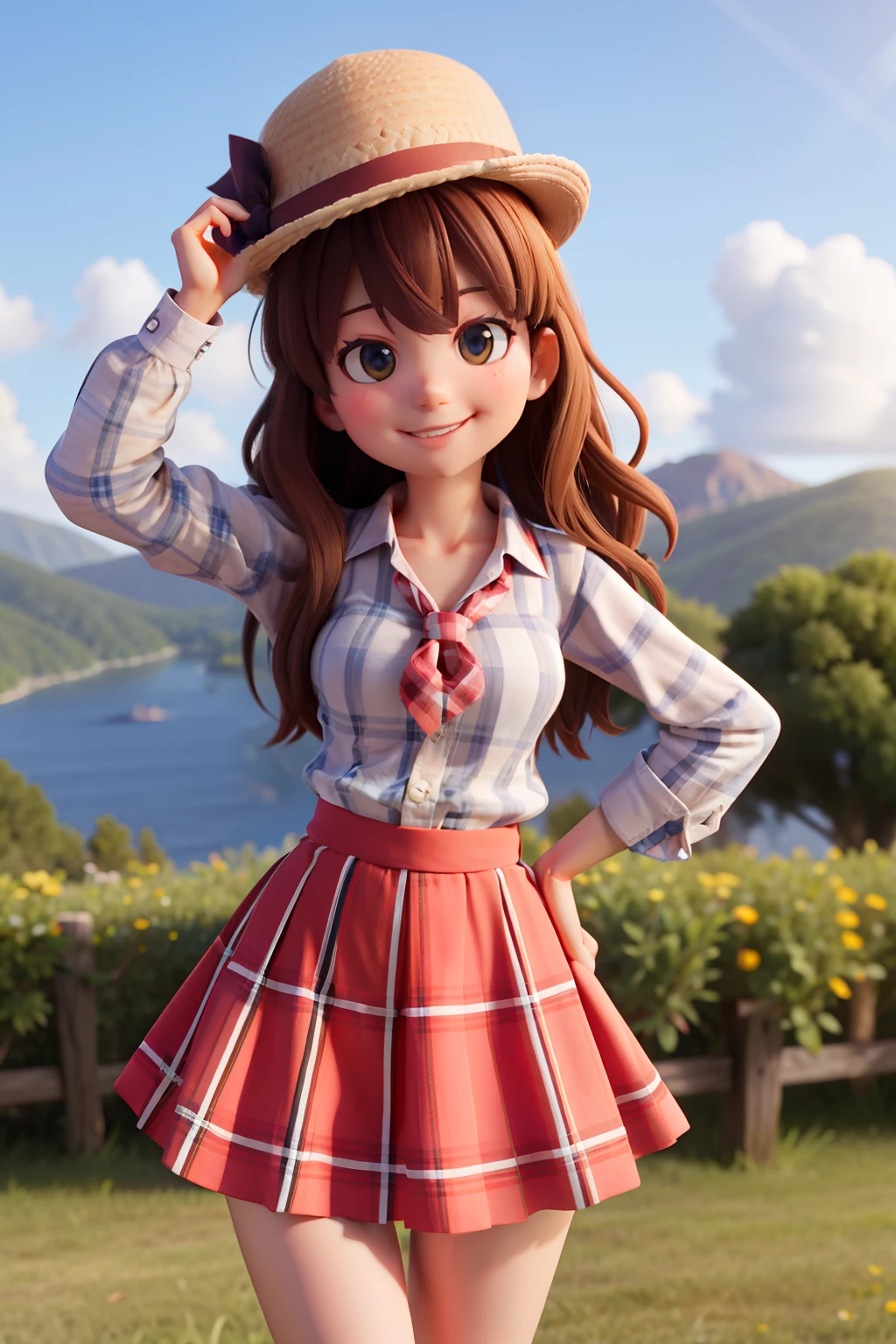masterpiece, high quality best quality,1girl, bangs, beach, blue_sky, blush, bow, breasts, checkered, checkered_shirt, checkered_skirt, cloud, cloudy_sky, collarbone, day, envelope, giving, grass, hair_bow, heart, holding, holding_letter, horizon, incoming_gift, kazami_yuuka, leaning_forward, lens_flare, letter, light_rays, long_hair, looking_at_viewer, love_letter, mountain, mountainous_horizon, ocean, outdoors, plaid, plaid_background, plaid_bikini, plaid_bow, plaid_bowtie, plaid_bra, plaid_dress, plaid_headwear, plaid_jacket, plaid_legwear, plaid_necktie, plaid_neckwear, plaid_panties, plaid_pants, plaid_ribbon, plaid_scarf, plaid_shirt, plaid_skirt, plaid_vest, pov, shirt, skirt, sky, smile, solo, sun, sunbeam, sunlight, tree, unmoving_pattern