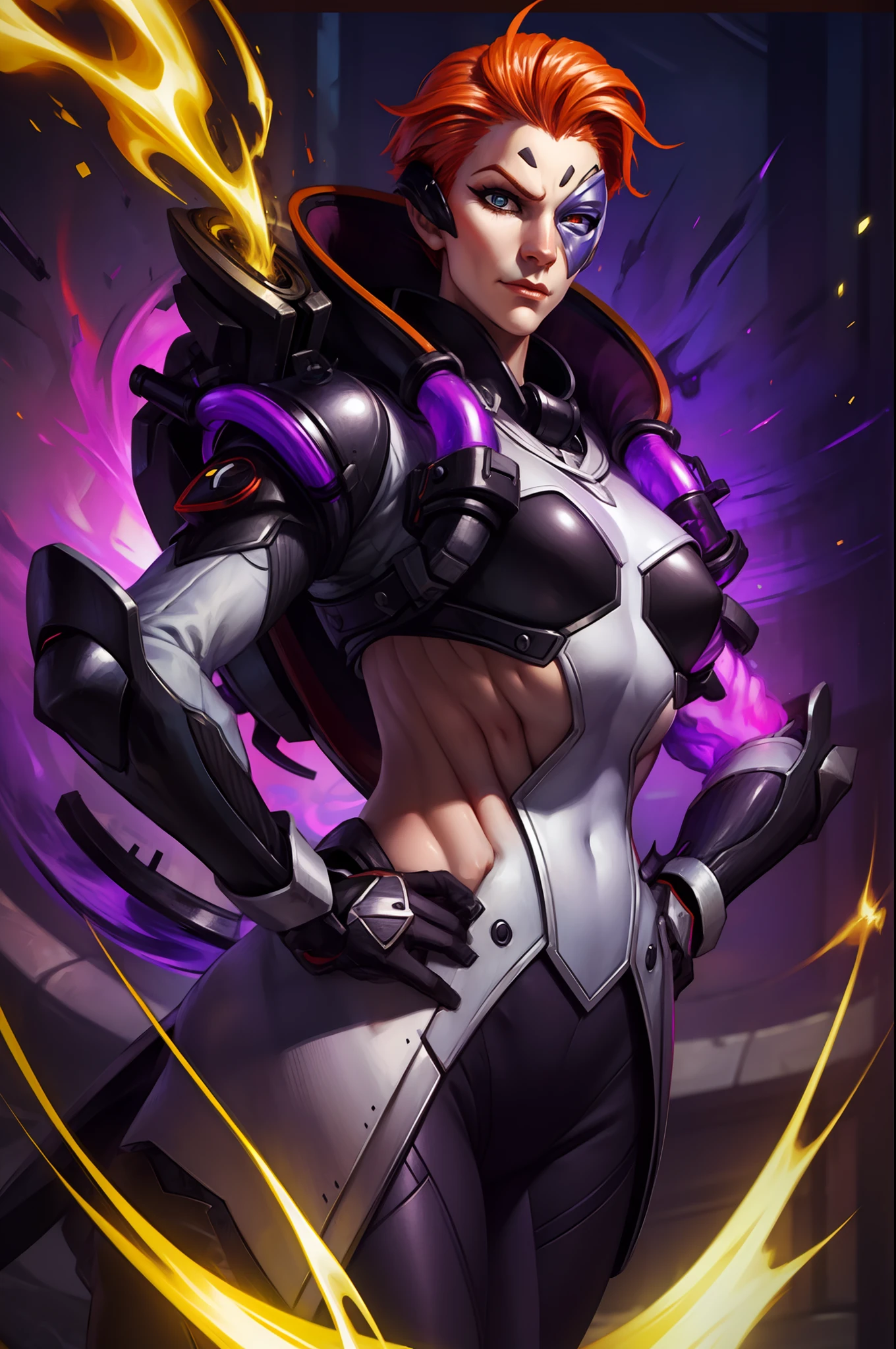 moira, (bodysuit), heterochromia, red and blue eyes, half-mask, cruel smirk, hands on hips, arrogant face expression, looking at viewer, glowing, purple fire background, best quality