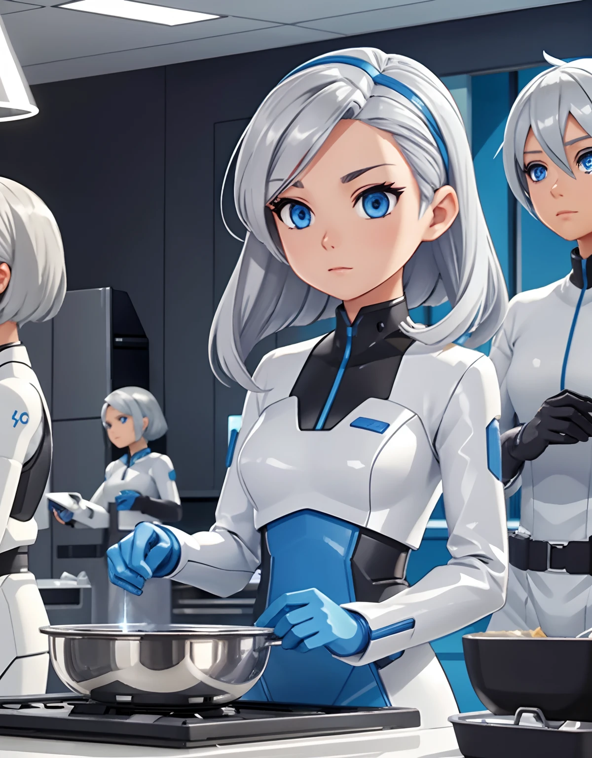 Mass-produced Android housewife assembly line. Silver skin, silver hair, blue eyes,