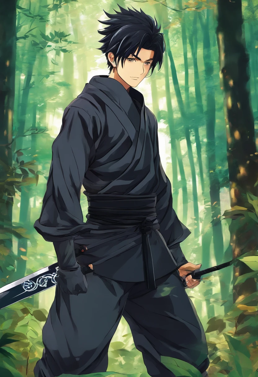 Male character with far black hair black eyes muscular body 14 years old All black outfit in the forest He's ninja type he doesn't use any kind of sword he's pure punch