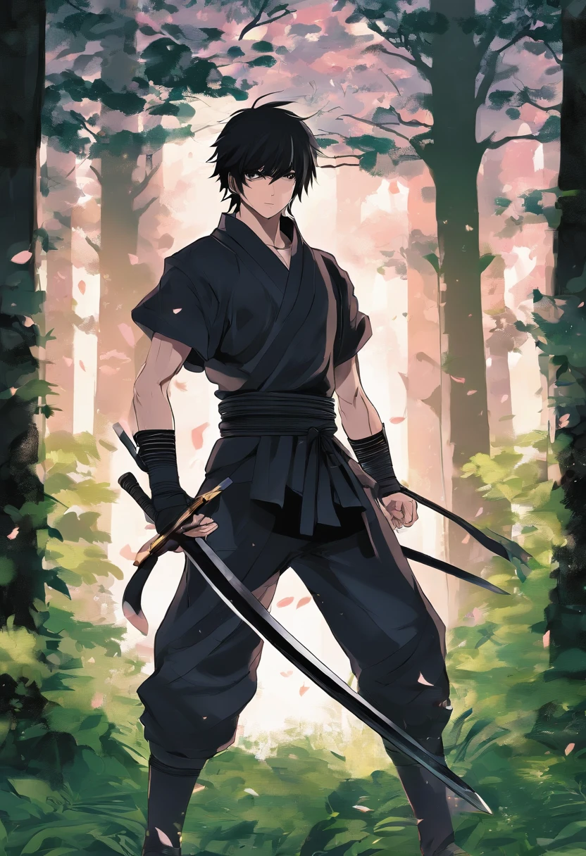 Male character with far black hair black eyes muscular body ************ All black outfit in the forest He's ninja type he doesn't use any kind of sword he's pure punch