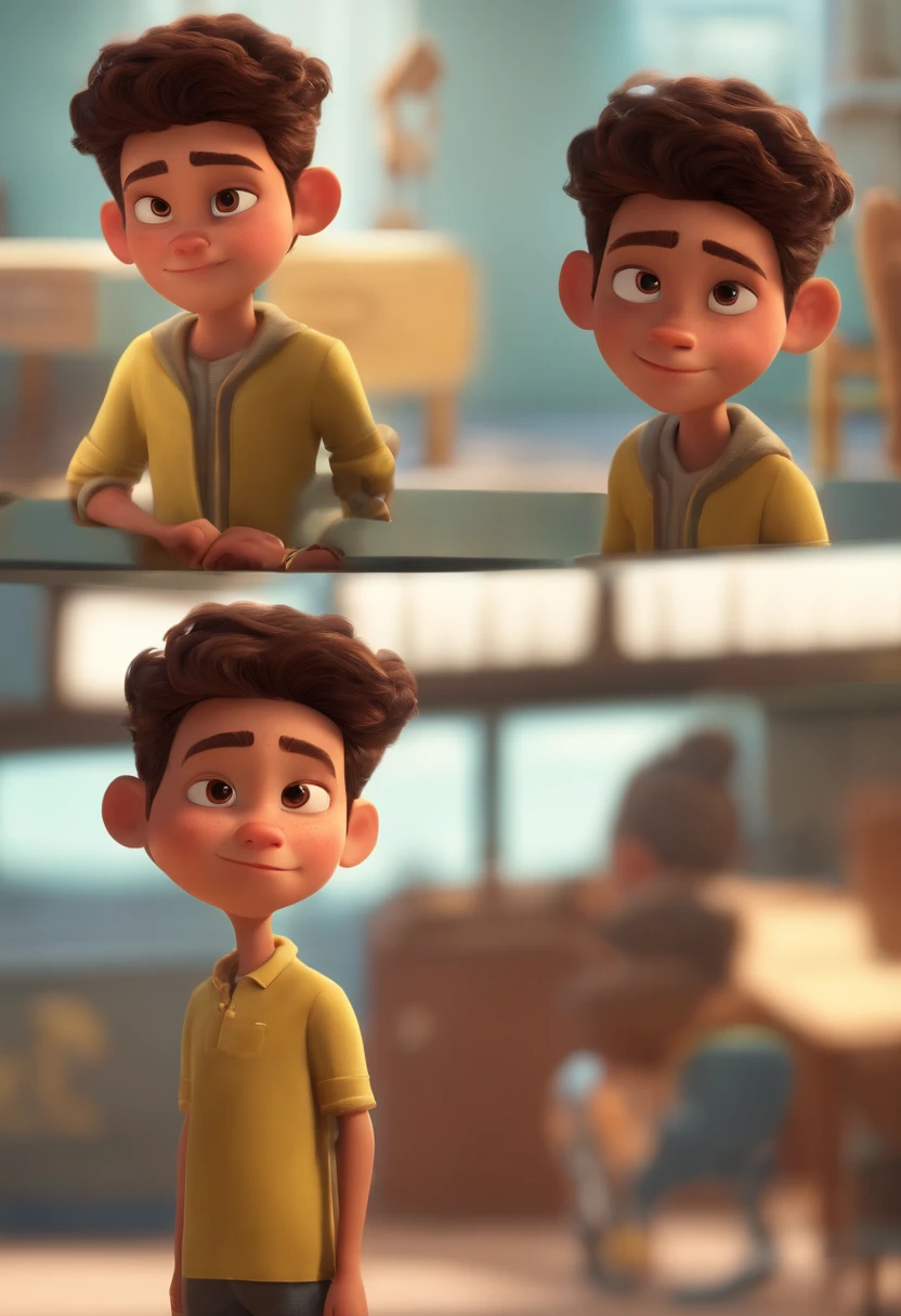 Image of a boy for a story in a YouTube video in Pixar format, He's the little allabester, He's the class leader, He's outgoing, Playful and gets up for a lot of things, cabelo curto