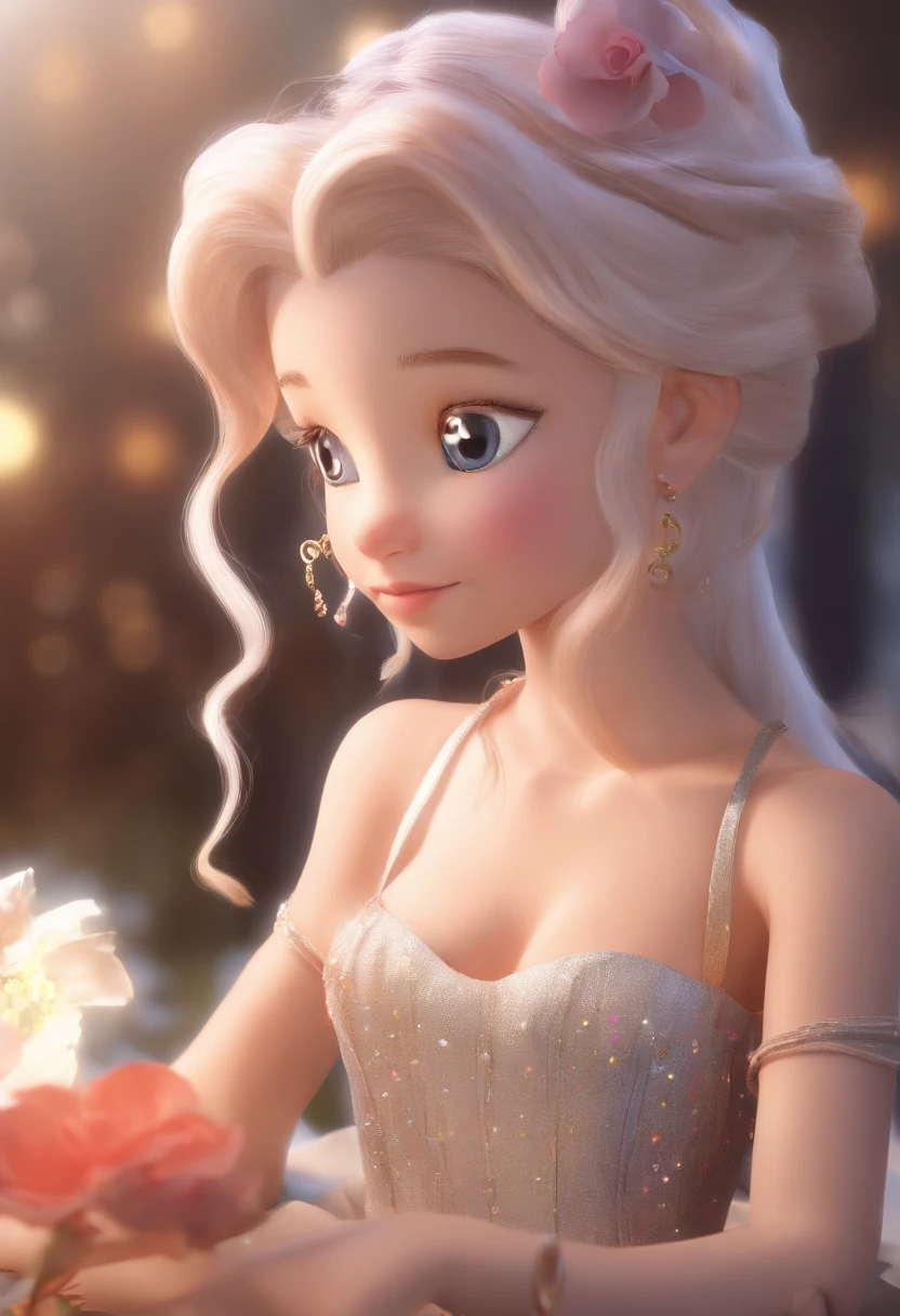 best quality, master part, fotorrealista, extremamente detalhado CG unidade 8k papel de parede, Chibi,1girl, Elsa,sozinho, cheio_corpo, sorrir, Olhando_em_visualizador, ao ar livre,