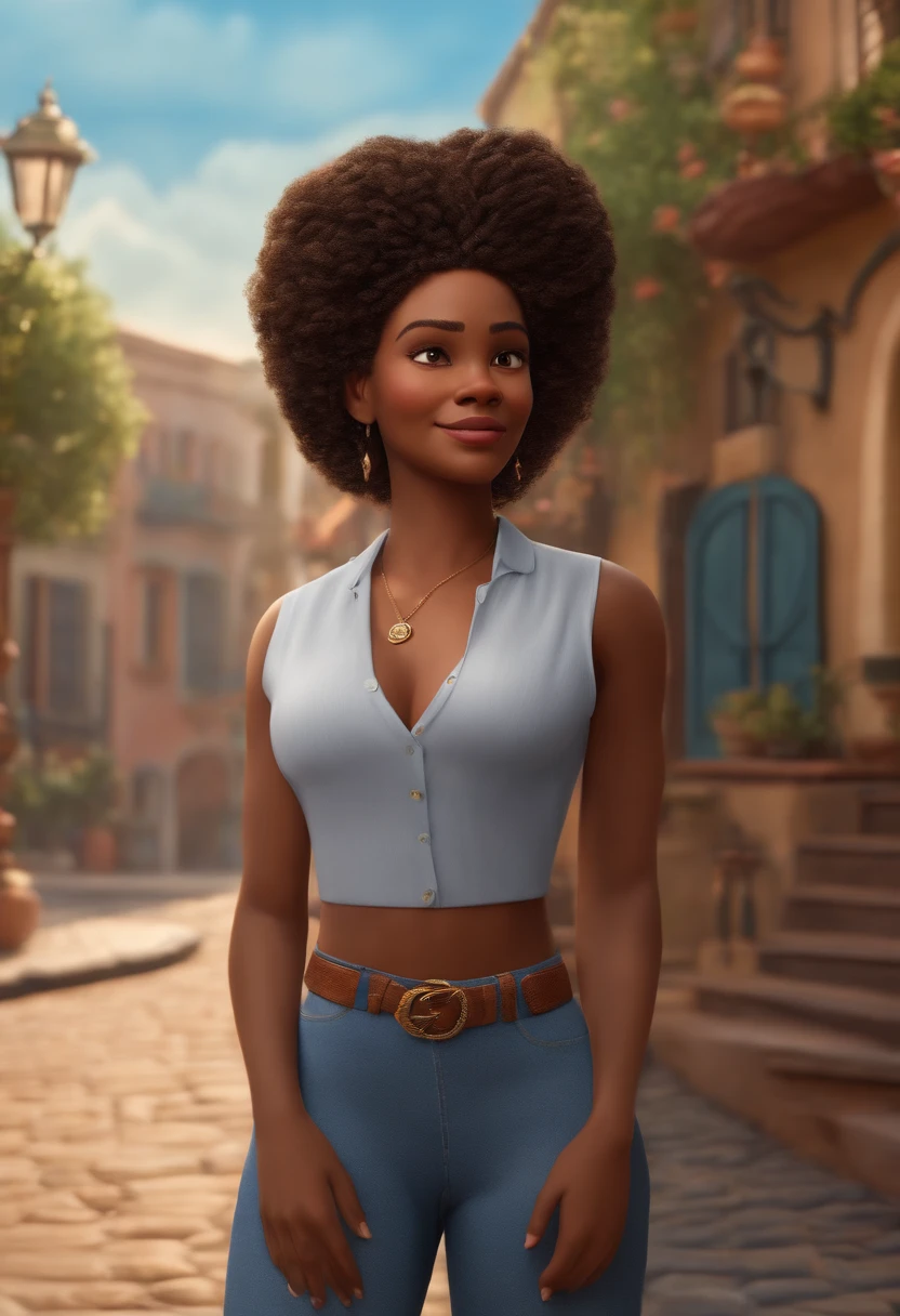(best quality,4k,8k,Altas,master part:1.2),ultra-detalhado,(Realistic,fotorrealista,photo-realistic:1.37),A young black woman with braided locks ,Wearing a pair of blue jins pants and a white blouse, no meio de uma rua, Filme inspirado na Pixar, em um estilo de arte legal e elegante, distinto do estilo habitual da Pixar.