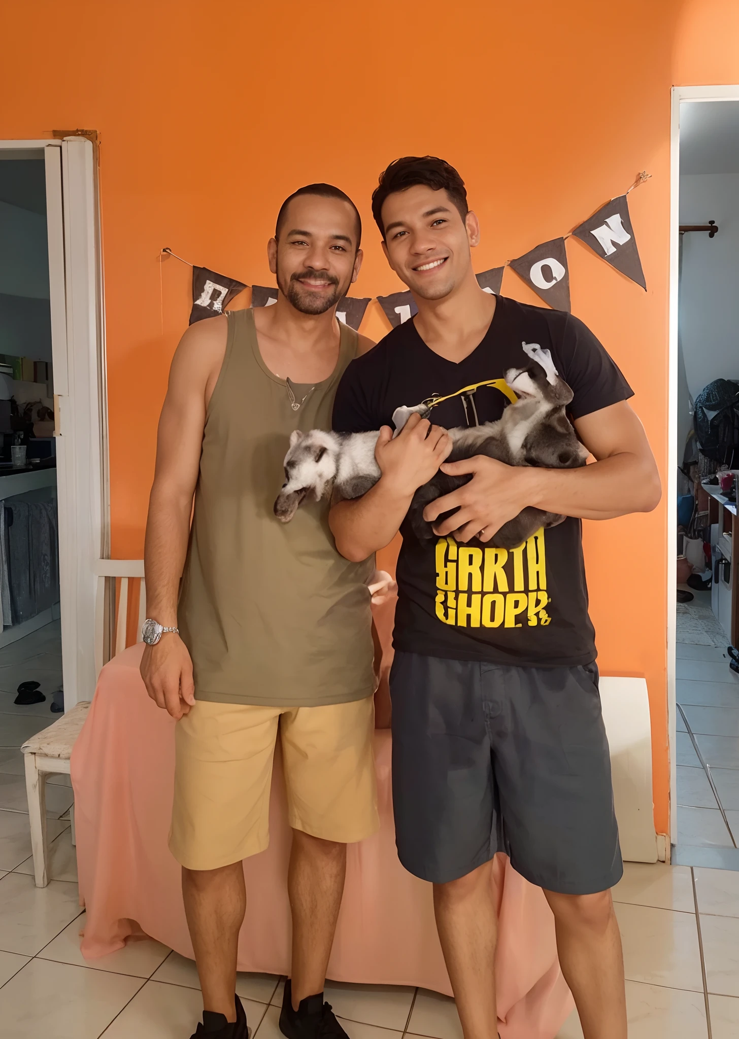 Garoto com cachorro no colo ao lado do pai Fundo: Gray and white gradient,Comemorando, Hands raised, sorrindo, feliz, (estilo pixar) (obra-prima:1.2) (bokeh) (melhor qualidade) (pele detalhada) (textura detalhada) (8k) (claymation) (cinematic lighthing) (foco nítido