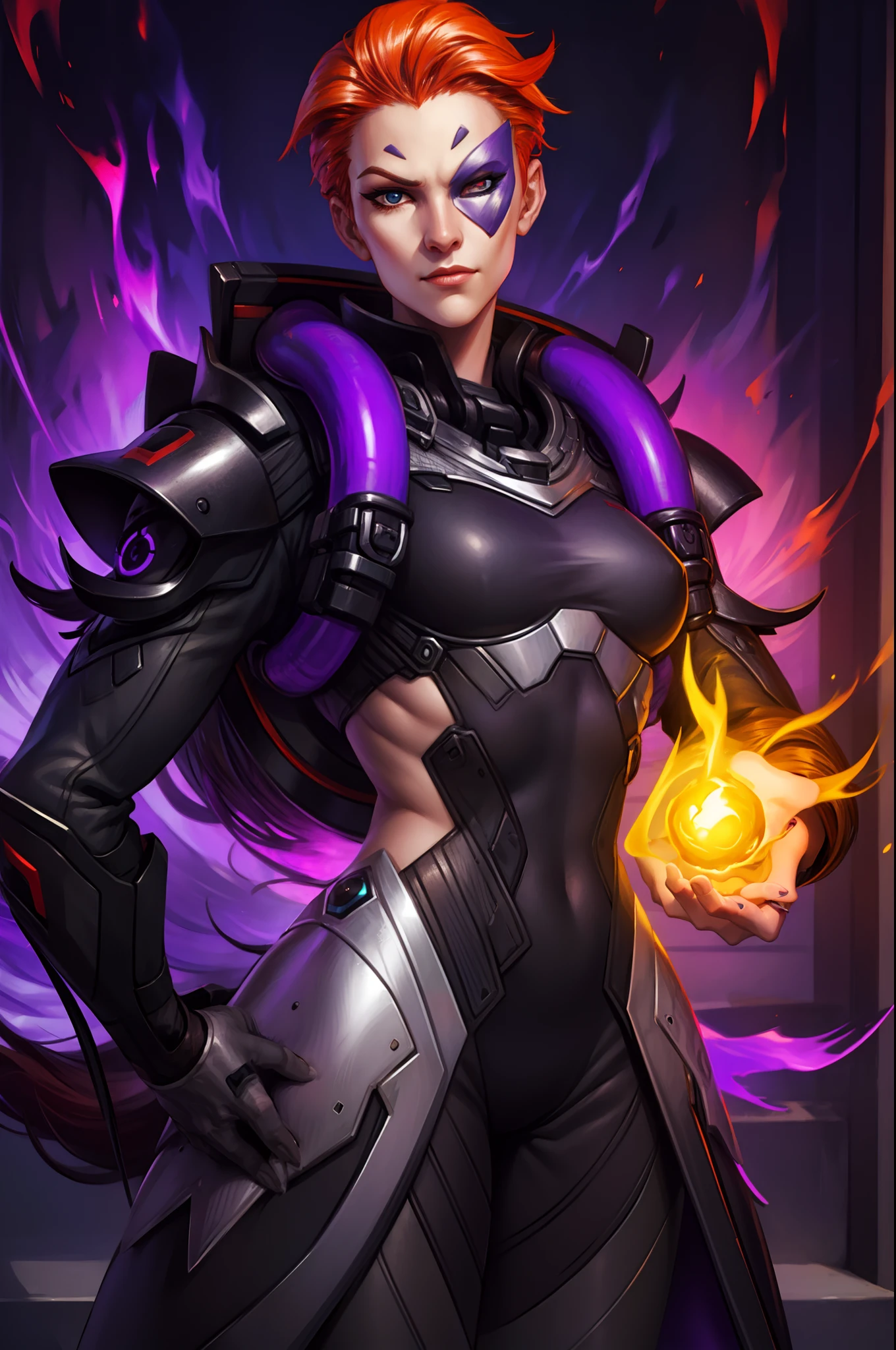 moira, (bodysuit), heterochromia, red and blue eyes, half-mask, cruel smirk, hands on hips, arrogant face expression, looking at viewer, glowing, purple fire background, best quality