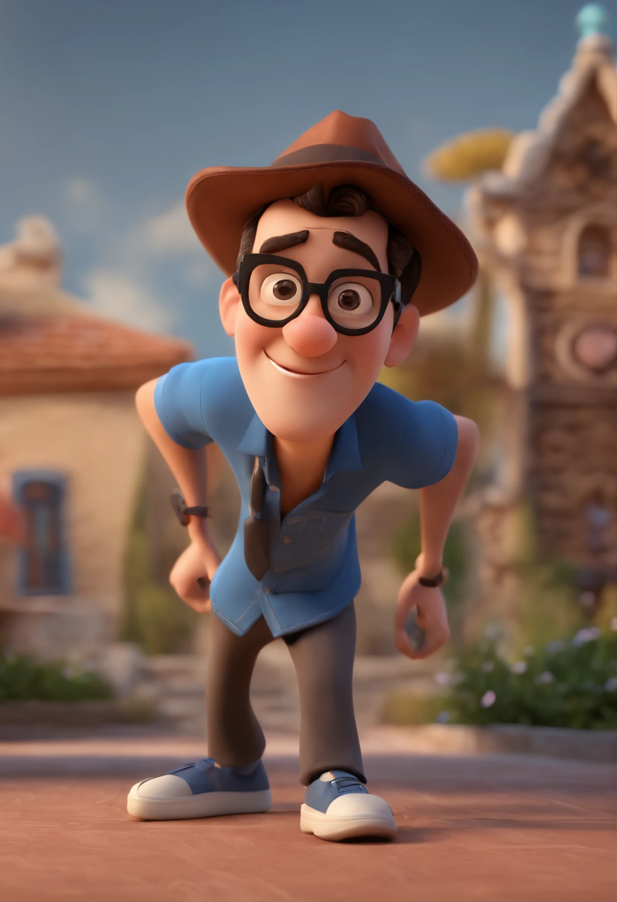 Cartoon character of a man wearing black glasses and a blue shirt, um personagem animado, Caractere estilizado, animation style rendering, 3D estilizado, Arnold Maya render, 3 d render stylized, toon render keyshot, Personagem 3D, Personagem 3D, 3d rendering stylized, 3 d character render, personagem de desenho animado, Personagem de close up, Pose de personagem,  (Estilo Pixar) (master part:1.2) (Bokeh) (best quality) (pele detalhada) (textura detalhada) (8k) (argila) (Cinematic lighting) (foco nítido