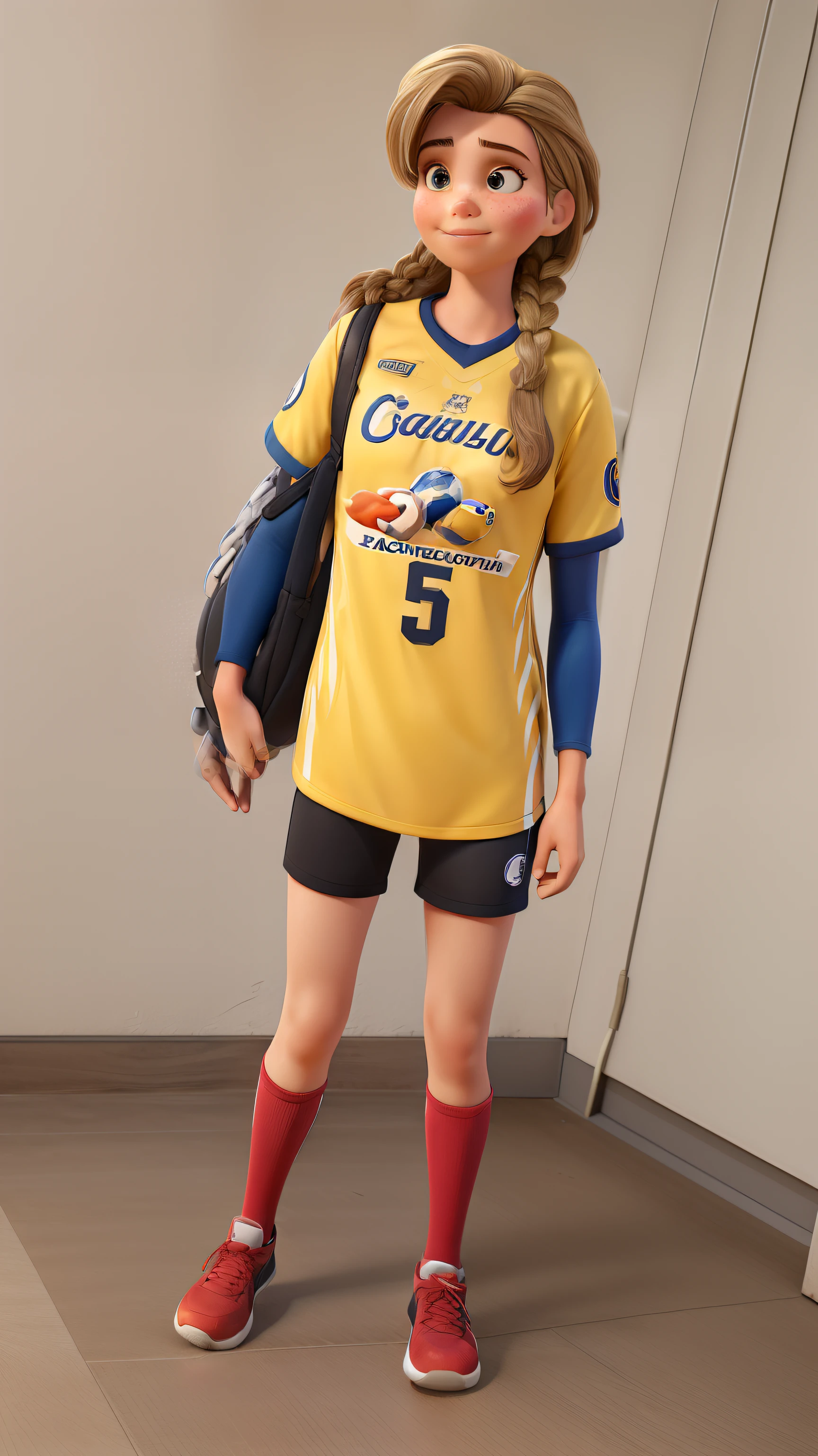 Girl volleyball player, Cabelo longos castanho, branco , orelhudo, olho castanho , vedacit guarulhos shirt, stadium,adulto estilo Disney pixar