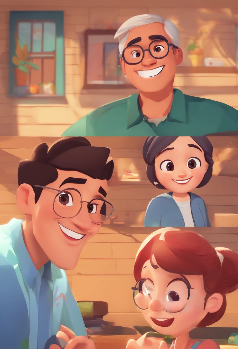An illustration of an adorable couple, Spotlight on a man with indigenous characteristics, rechonchudo, With eye Glasses, Smiling and a blonde woman with beautiful expressive eyes - the man's skin is brown and the man's hair is black and short, The woman's skin is white, and the woman's hair is straight and blond. They are a bright room, cada um com um sorriso no rosto, e compartilhar um momento especial caracterizado pelo amor, Insights. Illustrate this scene from a perspective where they are facing the camera, Smiling and Showing Your Connection. Desenvolva esta arte em Full HD, Focus on your cinematic touch, Estilo Disney Pixar Animations