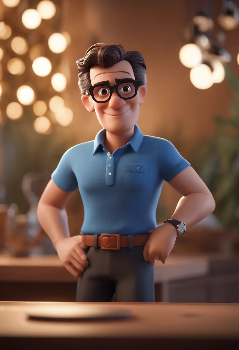 Cartoon character of a man with black glasses and a blue shirt, animation character, Caractere estilizado, animation style rendering, 3D estilizado, Arnold Maya render, 3 d render stylized, toon render keyshot, Personagem 3D, Personagem 3D, 3d rendering stylized, 3 d character render, personagem de desenho animado, Personagem de close up, Pose de personagem, (Estilo Pixar) (master part:1.2) (Bokeh) (best quality) (pele detalhada) (textura detalhada) (8k) (argila) (Cinematic lighting) (foco nítido