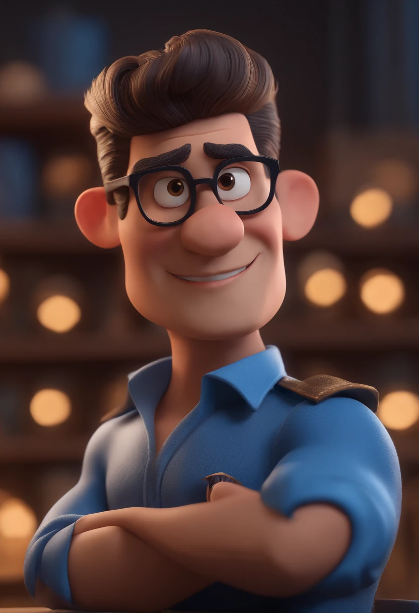 Cartoon character of a man with black glasses and a blue shirt, animation character, Caractere estilizado, animation style rendering, 3D estilizado, Arnold Maya render, 3 d render stylized, toon render keyshot, Personagem 3D, Personagem 3D, 3d rendering stylized, 3 d character render, personagem de desenho animado, Personagem de close up, Pose de personagem,  (Estilo Pixar) (master part:1.2) (Bokeh) (best quality) (pele detalhada) (textura detalhada) (8k) (argila) (Cinematic lighting) (foco nítido