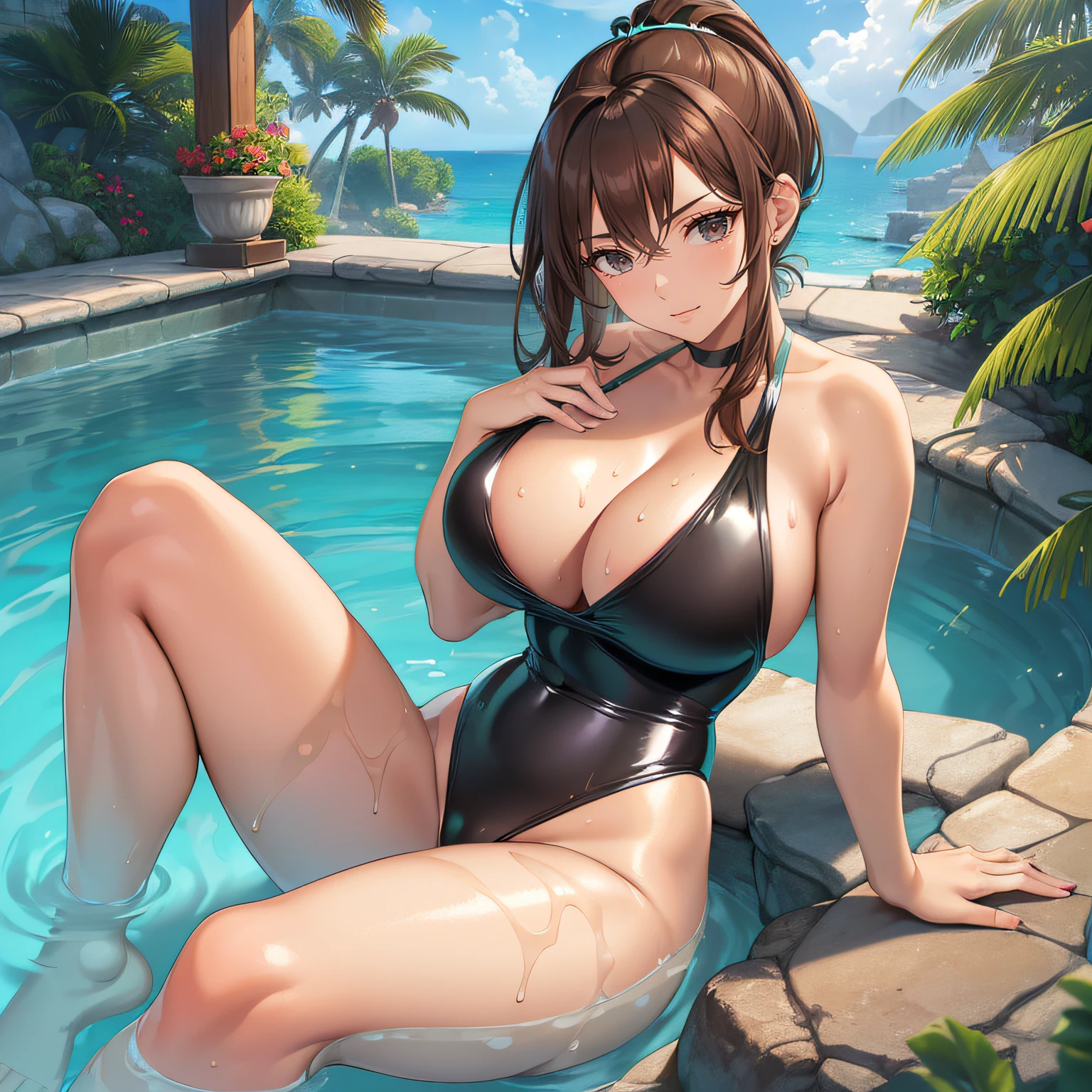 Masterpiece, Best Quality, (((Solo mature woman))), (((Brown hair))), Ponytail, Large chest, (((wide hips))), (((aqua green eyes))), full lips, seductive smile, cleavage, sitting in jacuzzi at home, blushing, (((wearing shiny black one piece swimsuit))), [Janet], [Alice], ((very shiny skin)), (Waist deep water), "beautiful mature face" , age30 , milf , adult