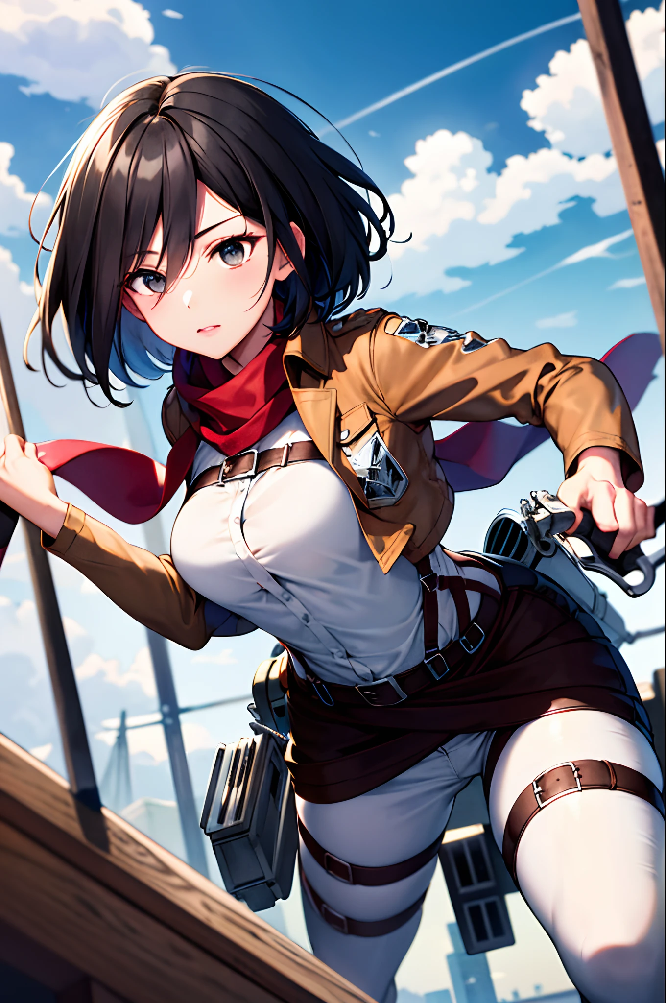 masterpiece, best quality, highres, hmmikasa, short hair, black eyes, scarf, emblem, belt, thigh strap, red scarf, white pants, brown jacket, long sleeves, holding weapon, sword, dual wielding, three-dimensional maneuver gear, fighting stance, sky,