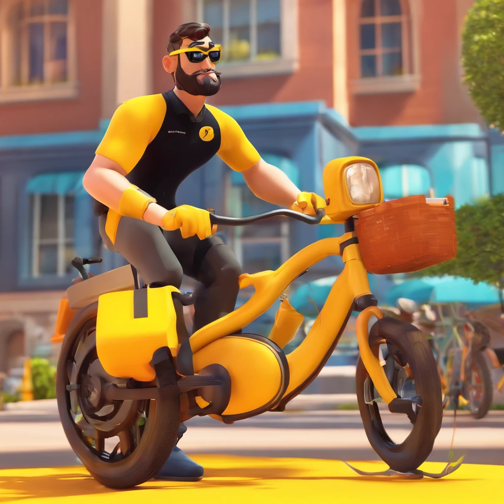 Cartoon character of a man wearing black glasses, barba grande, uma camisa amarela de ciclista, bike de moutain bike, capacete de bike, um personagem animado, Caractere estilizado, animation style rendering, 3D estilizado, paisagem de avenida Paulista, estilo Disney Pixar, mais realista