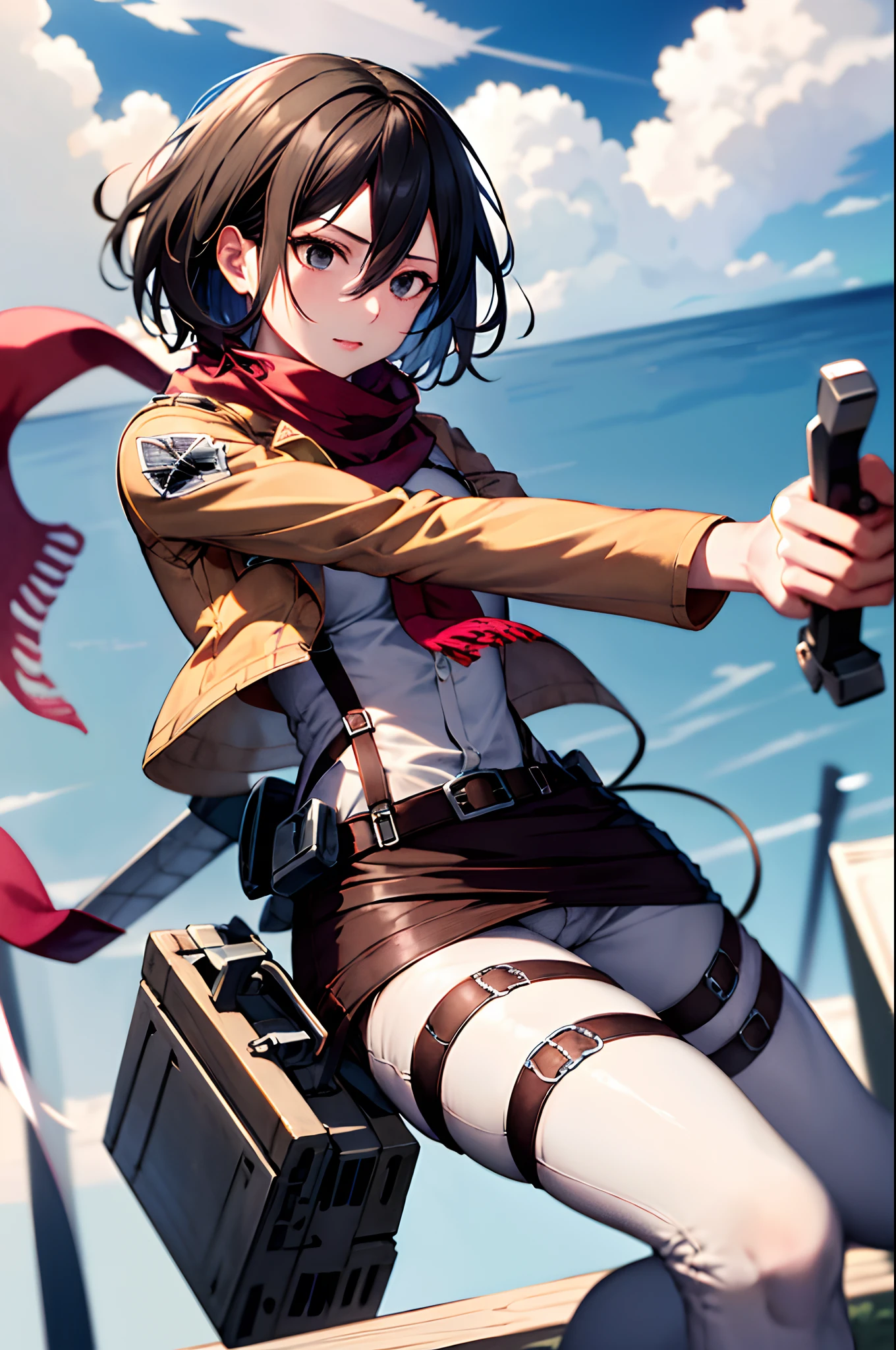 masterpiece, best quality, highres, hmmikasa, short hair, black eyes, scarf, emblem, belt, thigh strap, red scarf, white pants, brown jacket, long sleeves, holding weapon, sword, dual wielding, three-dimensional maneuver gear, fighting stance, sky,