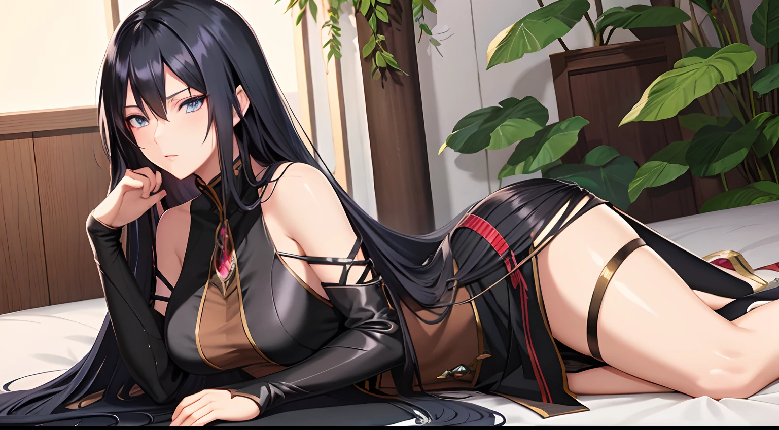 Anime girl with long black hair and blue eyes lying on the bed, black - haired mage, detailed anime character art, seductive anime girl, female anime character, portrait of a female anime hero, detailed digital anime art, artgerm and atey ghailan, beautiful anime woman, ilya kuvshinov with long hair, beautiful alluring anime woman, Beautiful anime portrait