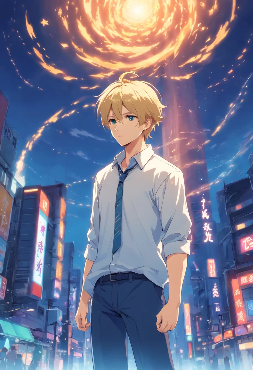 Two-block short hair, short blond Japanese anime male, beard, 40 years old, full body, wearing dark blue set-up, white shirt, with monster, fantasy