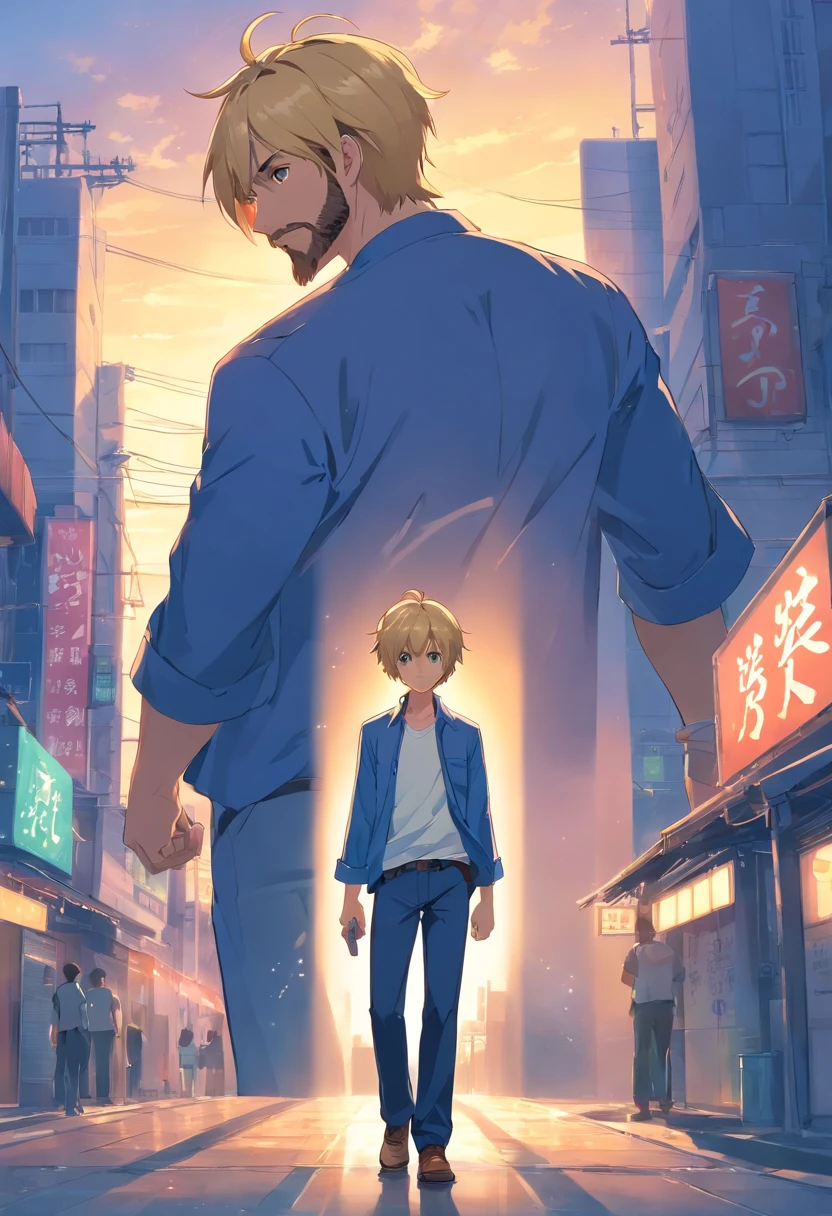 Two-block short hair, short blond Japanese anime male, beard, 40 years old, full body, wearing dark blue set-up, white shirt, with monster, fantasy