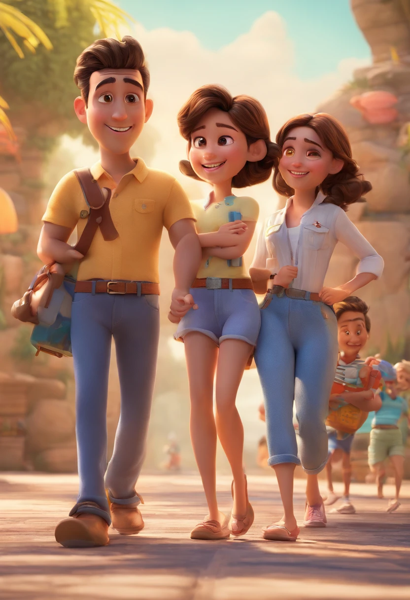 Cartoon of friends having fun on vacation together, 3D Animation Movie Poster, Poster de filme animado, pixar 3 d animation style, pixar renderman rendering, maia 8 mil, animated film, Disney Pixar Estilo 3D, amigos felizes saem juntos, all wearing light blue shirts and cream brown long pants, camisa azul clara, cream brown pants, ao ar livre, vacation, Disney Pixar Animation Poster