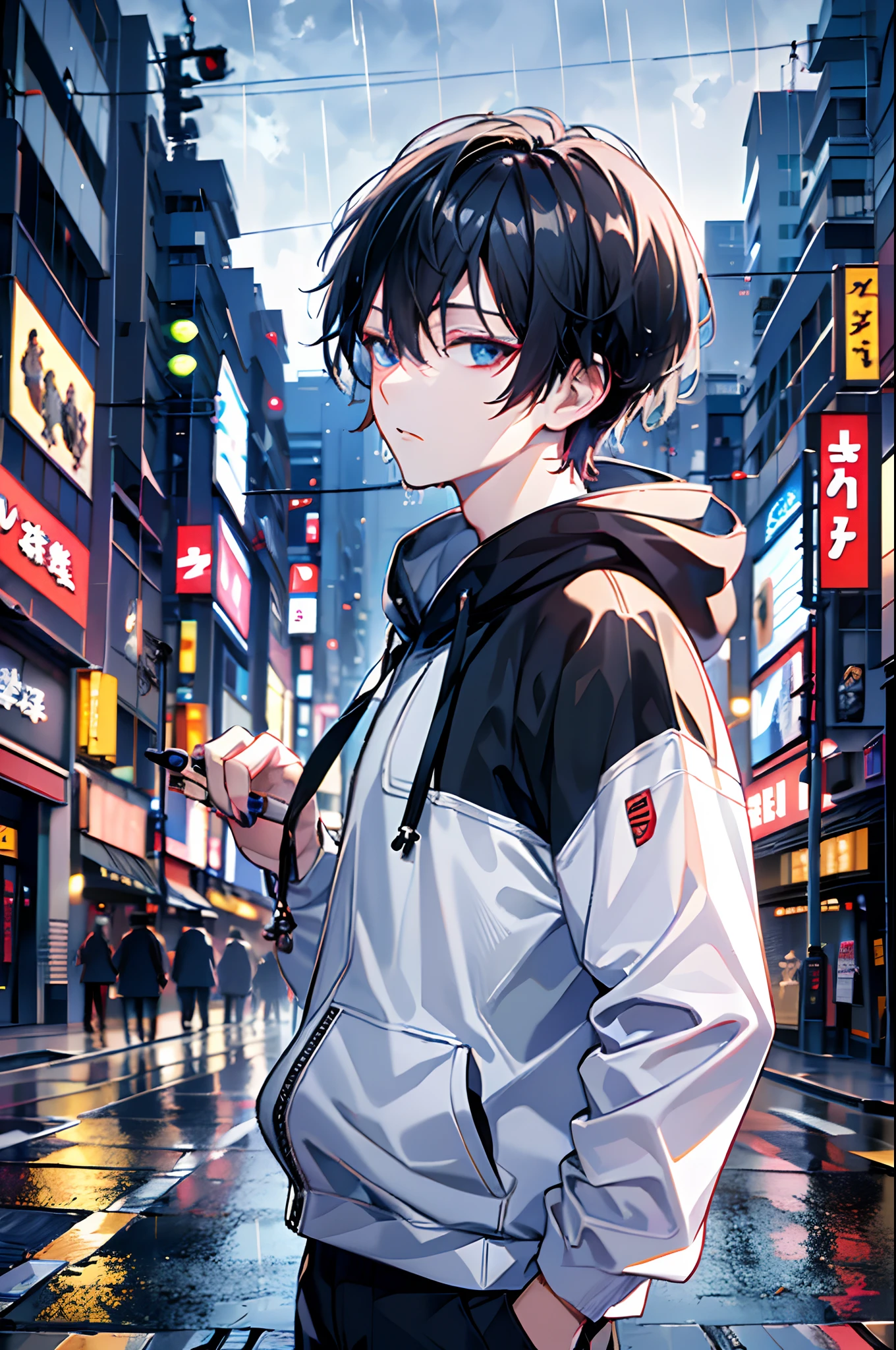 a moon, Best Quality, More details, masutepiece, (Whole body) , 1boy, kaneki ken, Portrait, Standing in the middle of the street,  Night, Male Focus,  Eyes, Solo, Bangs, Looking at Viewer, hoods, Short hair, Rain, Tokyo Tokyo \(city\),  Hood Up, nail polish, Black hair, Luxurious, 8K, Detailed, Ray tracing, depth of fields, Cinematic lighting,