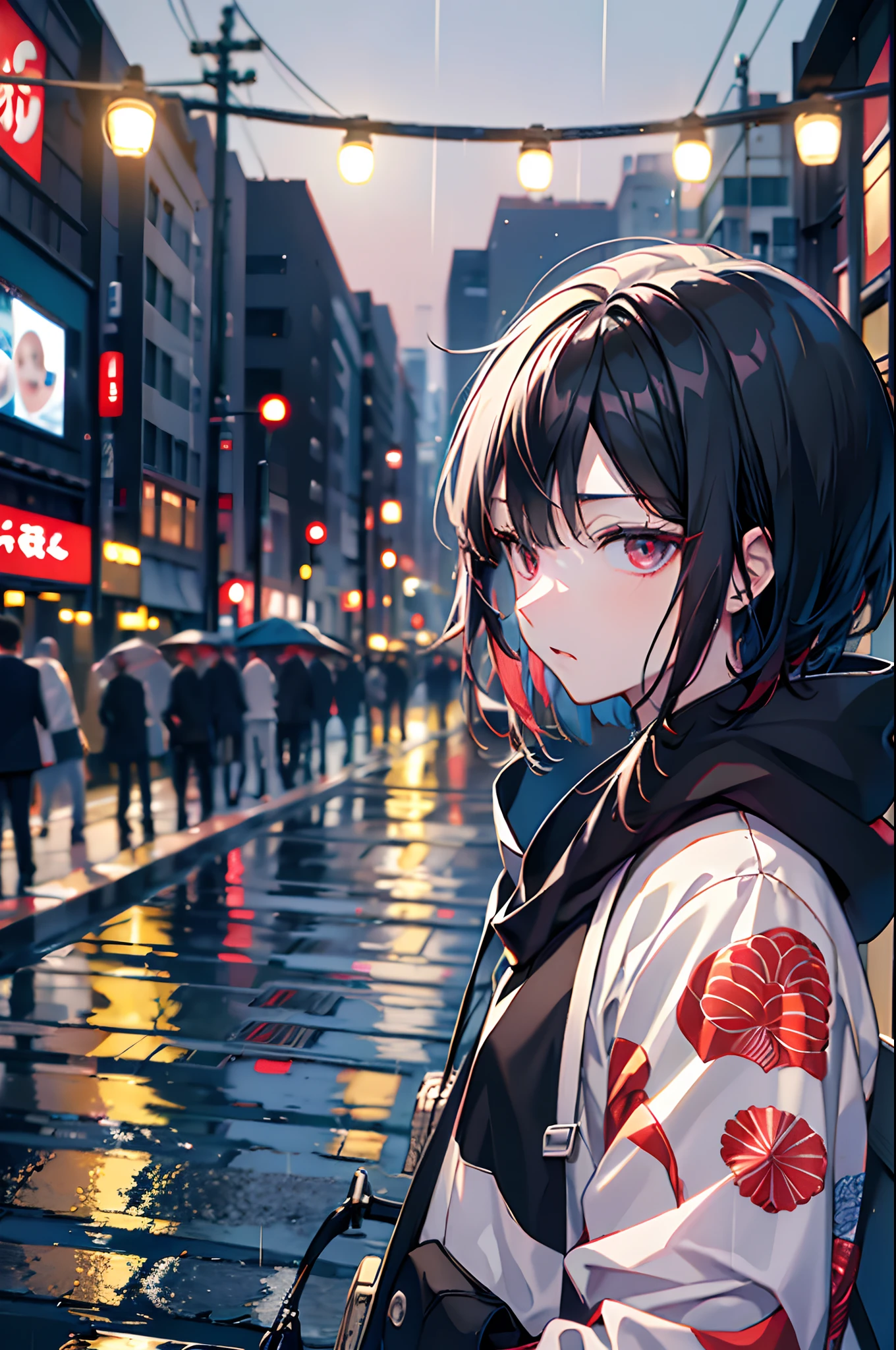 a moon, Best Quality, More details, masutepiece, (Whole body) , 1boy, kaneki ken, Portrait, Standing in the middle of the street,  Night, Male Focus,  Eyes, Solo, Bangs, Looking at Viewer, hoods, Short hair, Rain, Tokyo Tokyo \(city\),  Hood Up, nail polish, Black hair, Luxurious, 8K, Detailed, Ray tracing, depth of fields, Cinematic lighting,