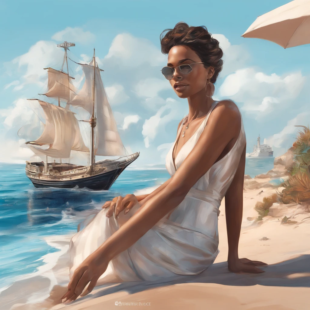 Mixed-race man and brunette woman on the back on a beach with blue sky and a big sea with boats in pixar drawing