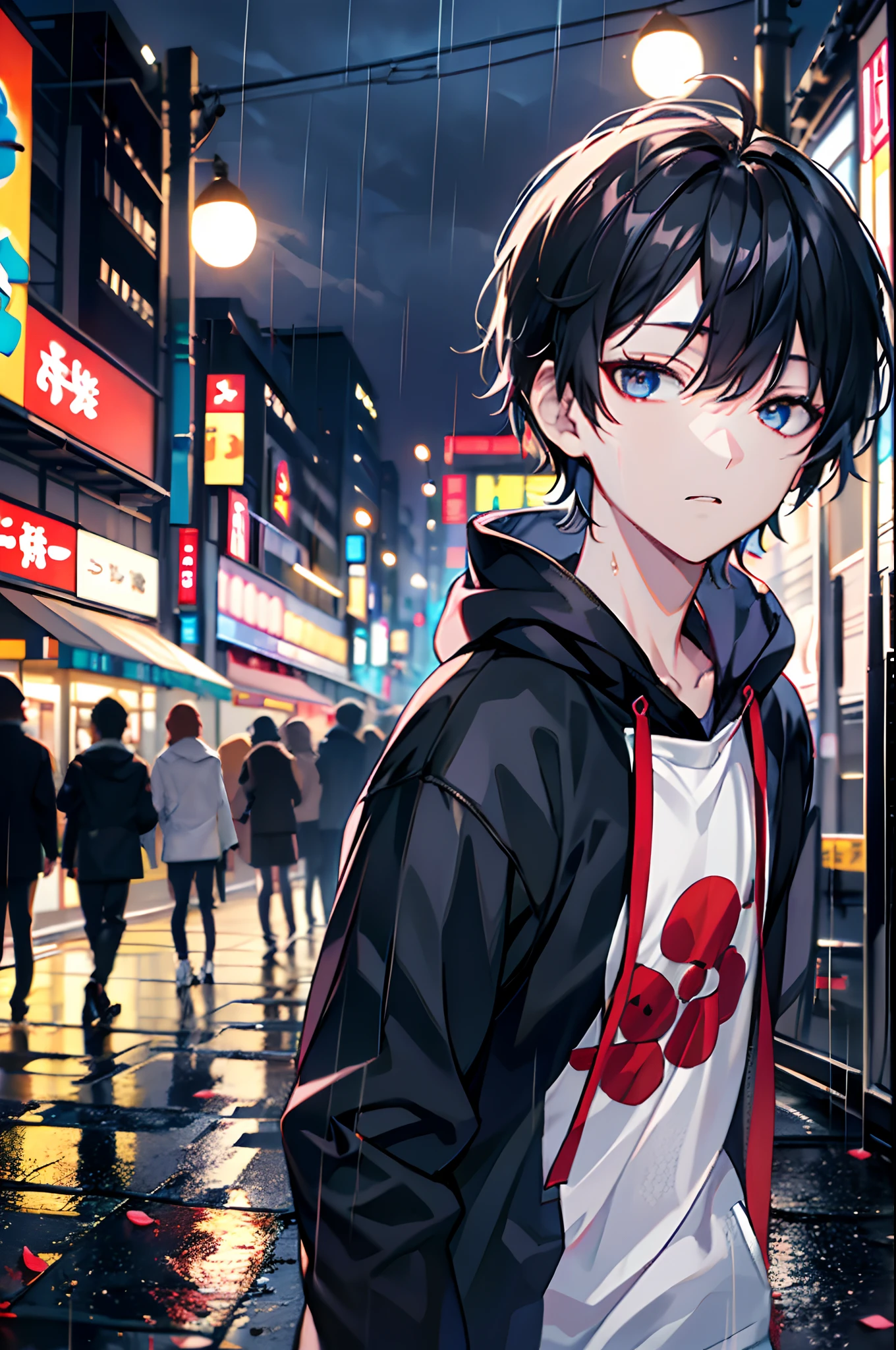 a moon, Best Quality, More details, masutepiece, (Whole body) , 1boy, kaneki ken, Portrait, Standing in the middle of the street,  Night, Male Focus,  Eyes, Solo, Bangs, Looking at Viewer, hoods, Short hair, Rain, Tokyo Tokyo \(city\),  Hood Up, nail polish, Black hair, Luxurious, 8K, Detailed, Ray tracing, depth of fields, Cinematic lighting,