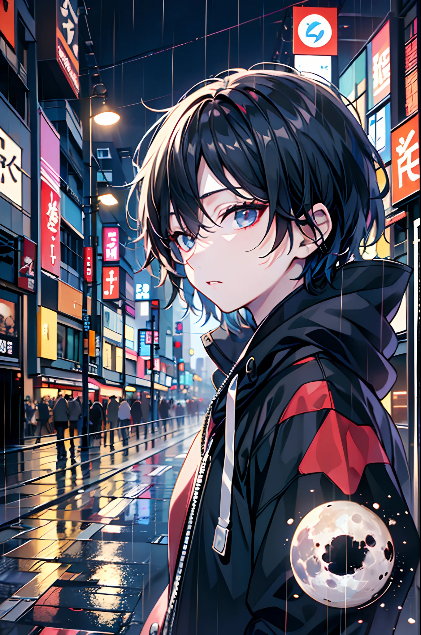 a moon, Best Quality, More details, masutepiece, (Whole body) , 1boy, kaneki ken, Portrait, Standing in the middle of the street,  Night, Male Focus,  Eyes, Solo, Bangs, Looking at Viewer, hoods, Short hair, Rain, Tokyo Tokyo \(city\),  Hood Up, nail polish, Black hair, Luxurious, 8K, Detailed, Ray tracing, depth of fields, Cinematic lighting,