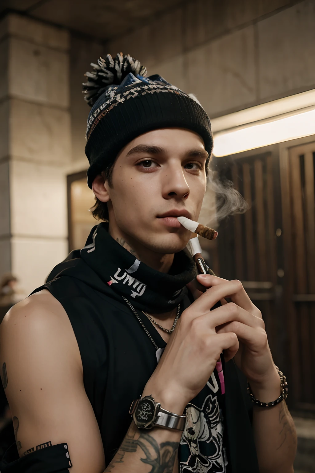 Hombre arafed con sombrero y bufanda fumando un cigarrillo, Yung Lean, Blade de Drain Gang, are smoking a cigarette, Estilo de Seb McKinnon, Pete Davidson, Tomar un descanso para fumar, Fumar un cigarrillo🚬, cigarrillo, 18 years old, smogpunk, Streamer de Twitch / Jugador Ludwig, Fuma, cigarrillo en la boca, Lil Peep