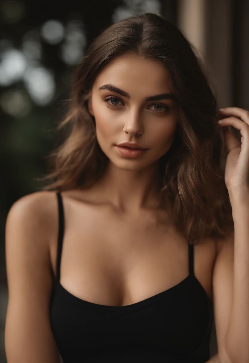 sexy woman, 20years old, Slim, Sport, shiny tanned skin, abs on the stomach , Strong , Dried.cleavage breasts, Narrow waist, curly dark hair, Kaia Gerber , Realistic, photografic, realisitic, natural, full body
