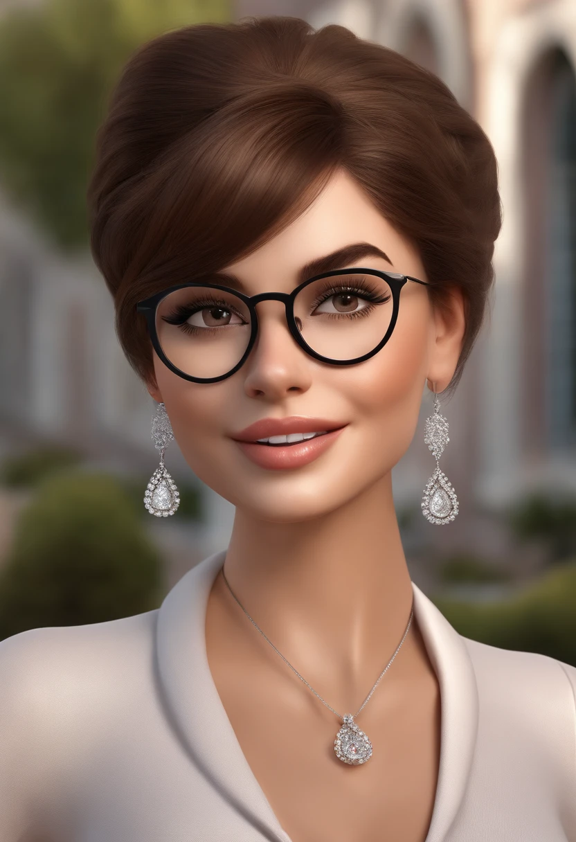 a happy cute girl, Medium brown hair, round glasses, pink lips, round silver earrings, with silver necklaces around the neck, brown eyes with eyeliner , vestindo uma fantasia espacial, , fundo branco, barnet, Tom, Estilo Pixar, ....3d, desenhos animados, rosto detalhado, asymmetrical 16k