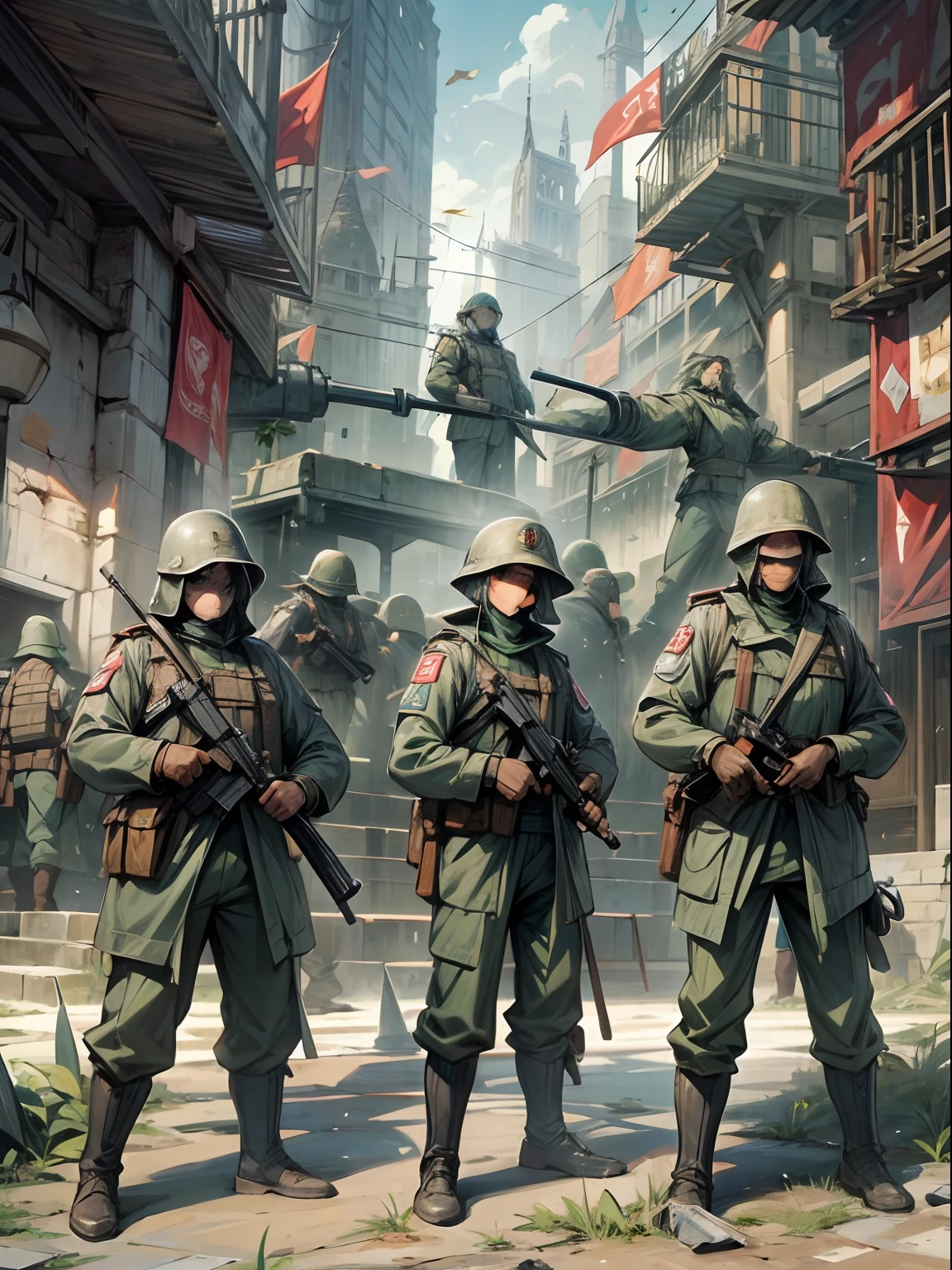 Ultimo bastion de defensa de la humanidad,Poderosa fortaleza,High-tech defense systems,fuerte, Muros resilientes,barrera impenetrable,Guardias vigilantes,Armamento avanzado,Elite Soldiers,On High Alert,Listo para luchar,Rostros ansiosos,Centro de comando,actividad bulliciosa,Alarmas de emergencia a todo volumen,Hombres y mujeres en uniforme,Dressed in tactical gear,Laser Cannons,Fusiles de alto poder,Spotlights scanning the horizon,futuristic tech,Arquitectura impresionante,Estructura monumental,Paredes imponentes,Steel & Concrete,Energy Shields,Campos de fuerza que protegen la entrada,Puntos de control de seguridad,humanos reunidos,Fighting a Common Enemy,determinado,Frente Unido,Determined Leaders,Strategic Planning,Contramedidas,Calculation of quotas,Derrotando a la oscuridad,sangre, sudar, and tears,Sacrifices made for the common good,Restos de batallas libradas,Damaged walls,Soldados heridos,Resilient spirit,Rayo de esperanza,Recite to Survive,estandarte ondeando en el viento,Celebraciones de la victoria,Cheers of triumph,Orgullo en la defensa de la humanidad,Ultimate symbol of strength and perseverance.