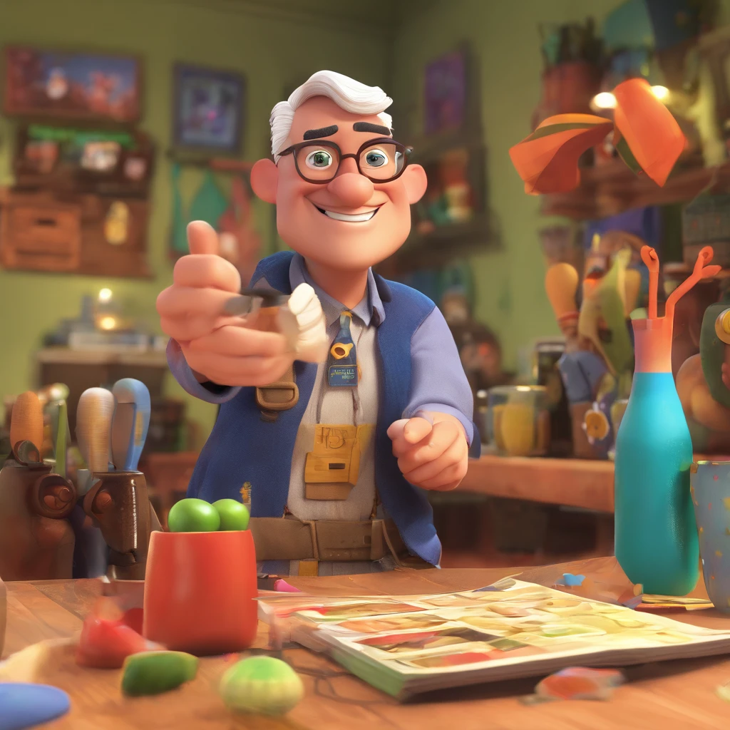 Crie um cartaz inspirado na Disney Pixar com o personagem sendo o deputado Keniston Braga, A white-haired man wearing glasses, the scene will be in Pixar's distinctive digital art style. Focus on character expressions, Vibrant colors and detailed textures present your animations, with the title " Keniston Braga no meio, Quero a cena dos principais filmes do PIXar