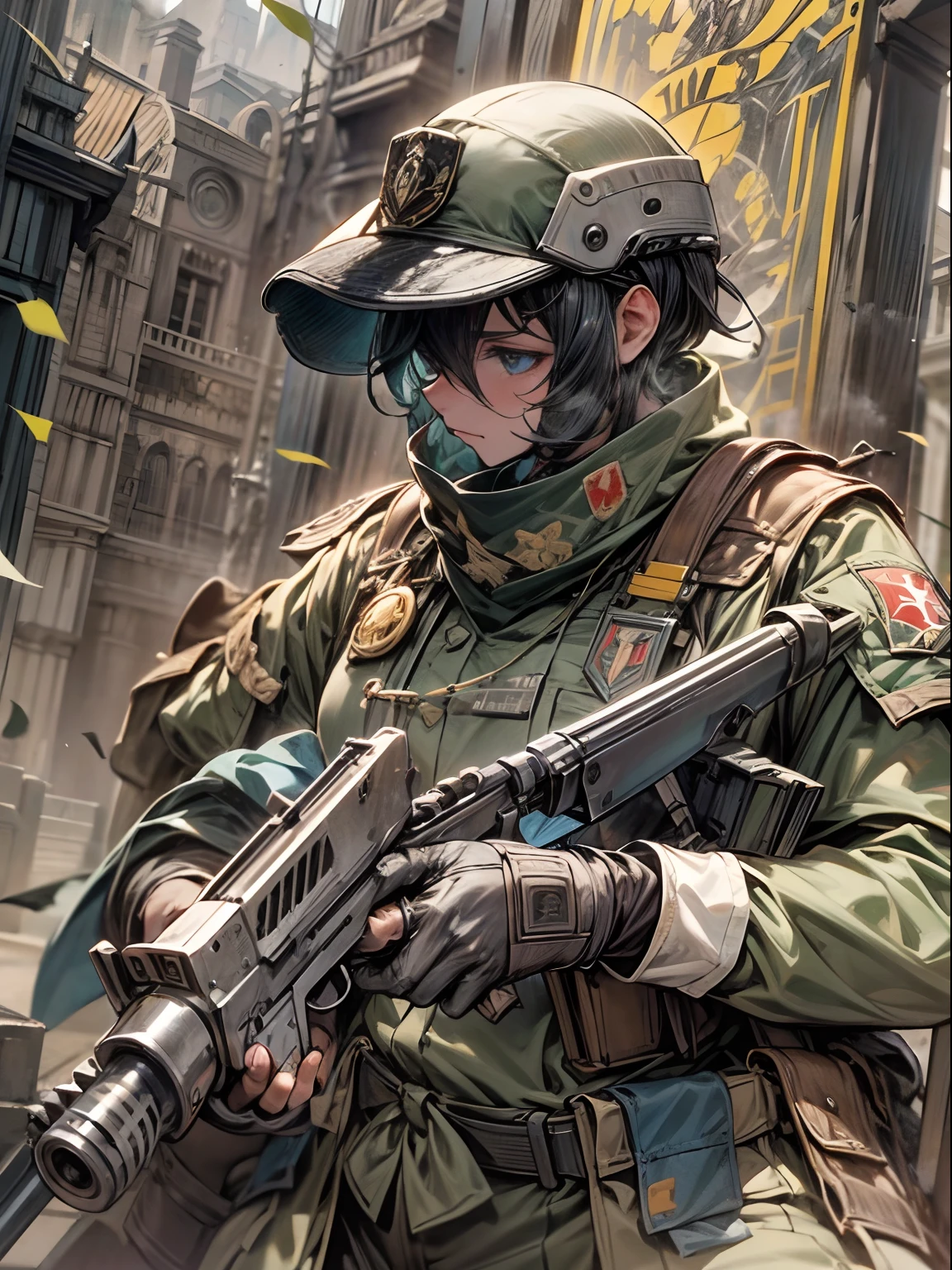 Ultimo bastion de defensa de la humanidad,Poderosa fortaleza,High-tech defense systems,fuerte, Muros resilientes,barrera impenetrable,Guardias vigilantes,Armamento avanzado,Elite Soldiers,On High Alert,Listo para luchar,Rostros ansiosos,Centro de comando,actividad bulliciosa,Alarmas de emergencia a todo volumen,Hombres y mujeres en uniforme,Dressed in tactical gear,Laser Cannons,Fusiles de alto poder,Spotlights scanning the horizon,futuristic tech,Arquitectura impresionante,Estructura monumental,Paredes imponentes,Steel & Concrete,Energy Shields,Campos de fuerza que protegen la entrada,Puntos de control de seguridad,humanos reunidos,Fighting a Common Enemy,determinado,Frente Unido,Determined Leaders,Strategic Planning,Contramedidas,Calculation of quotas,Derrotando a la oscuridad,sangre, sudar, and tears,Sacrifices made for the common good,Restos de batallas libradas,Damaged walls,Soldados heridos,Resilient spirit,Rayo de esperanza,Recite to Survive,estandarte ondeando en el viento,Celebraciones de la victoria,Cheers of triumph,Orgullo en la defensa de la humanidad,Ultimate symbol of strength and perseverance.