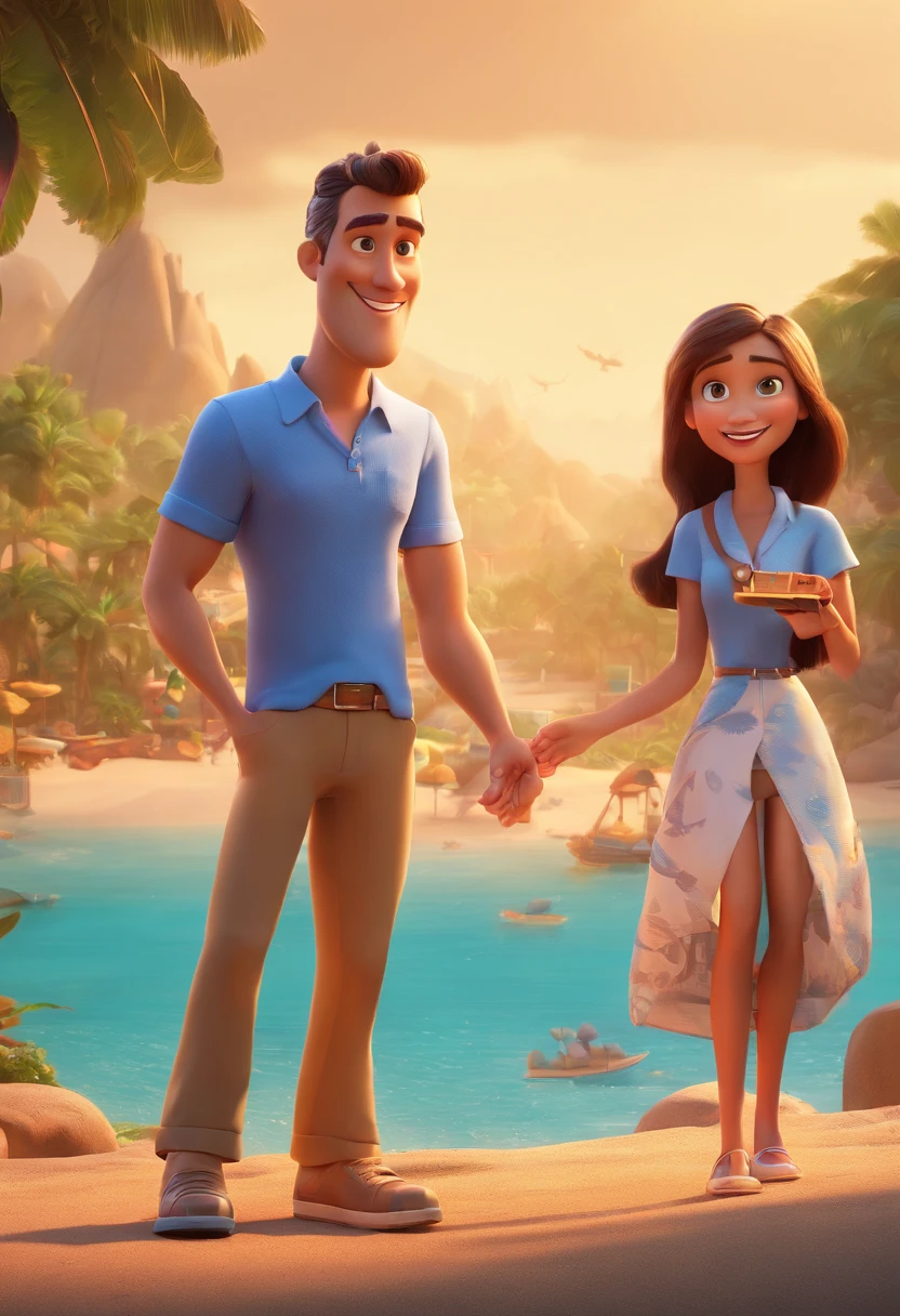Cartoon of couple having fun on vacation together, 3D Animation Movie Poster, Poster de filme animado, pixar 3 d animation style, pixar renderman rendering, maia 8 mil, animated film, Disney Pixar Estilo 3D, casal junto, He wearing a light blue shirt and brown pants, ela vestido azul claro , ao ar livre, vacation, Disney Pixar Animation Poster