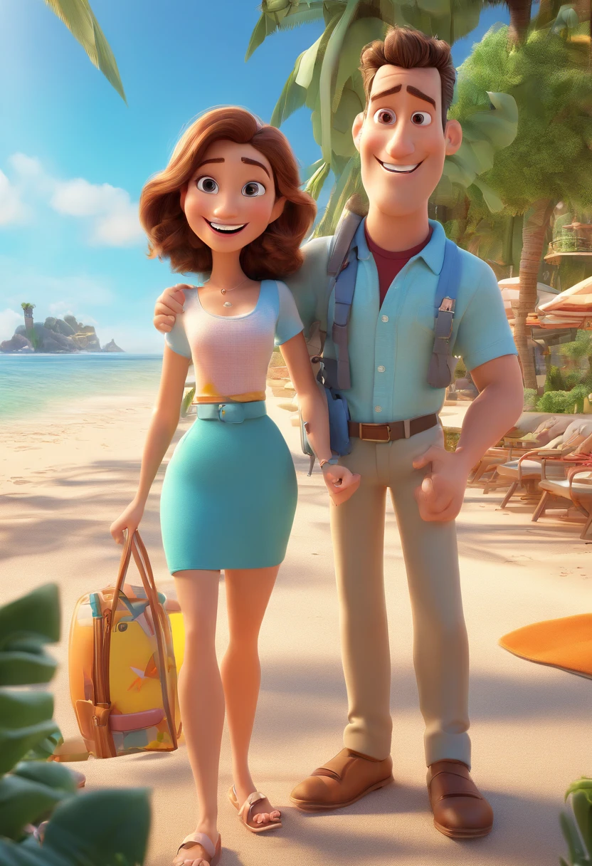 Cartoon of couple having fun on vacation together, 3D Animation Movie Poster, Poster de filme animado, pixar 3 d animation style, pixar renderman rendering, maia 8 mil, animated film, Disney Pixar Estilo 3D, casal junto, He wearing a light blue shirt and brown pants, ela vestido azul claro , ao ar livre, vacation, Disney Pixar Animation Poster